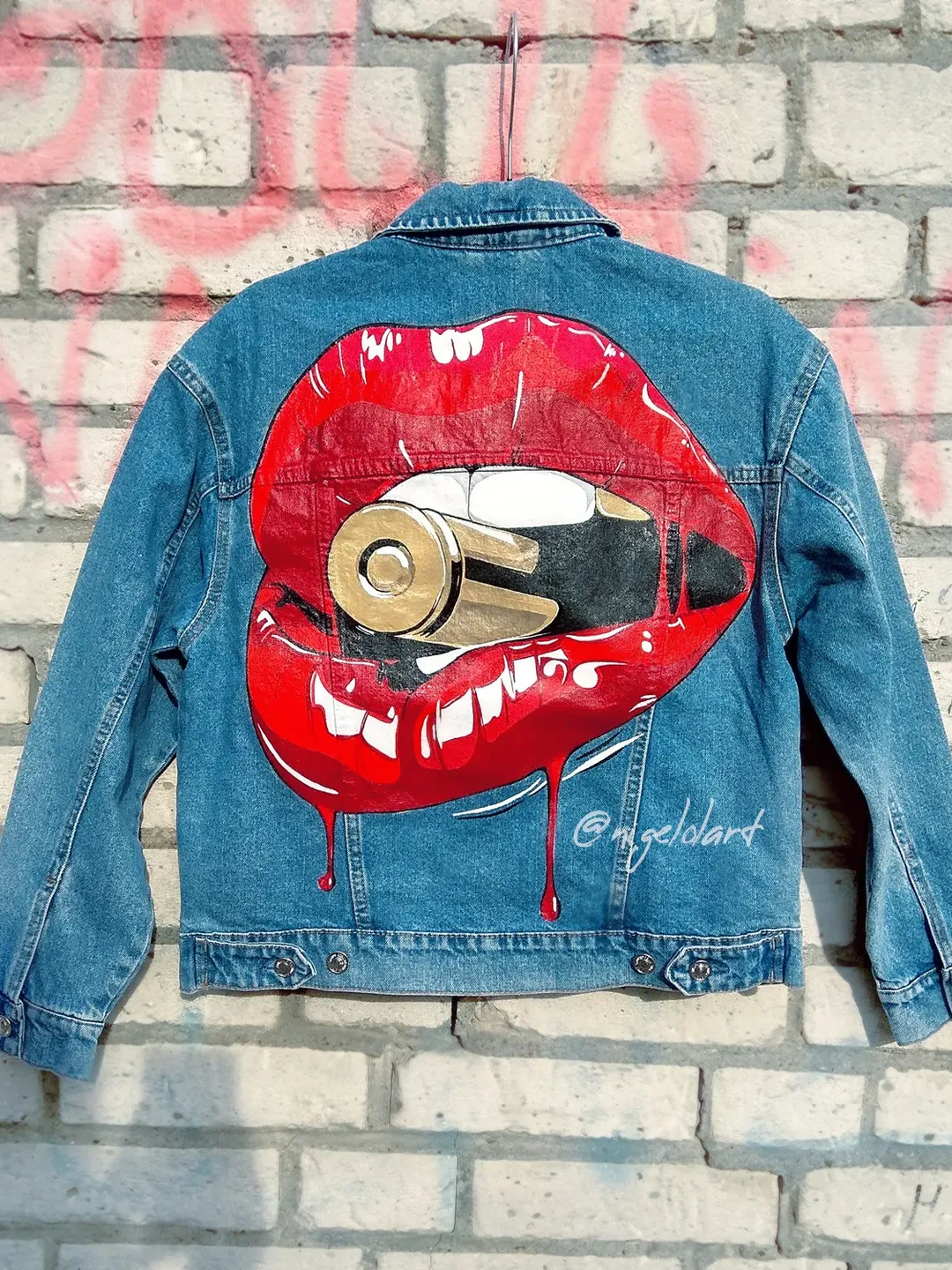 Painted denim jacket handmade jacket Custom jacket Bullet lips Cropped jean jacket Oversized jacket Gift Personalized