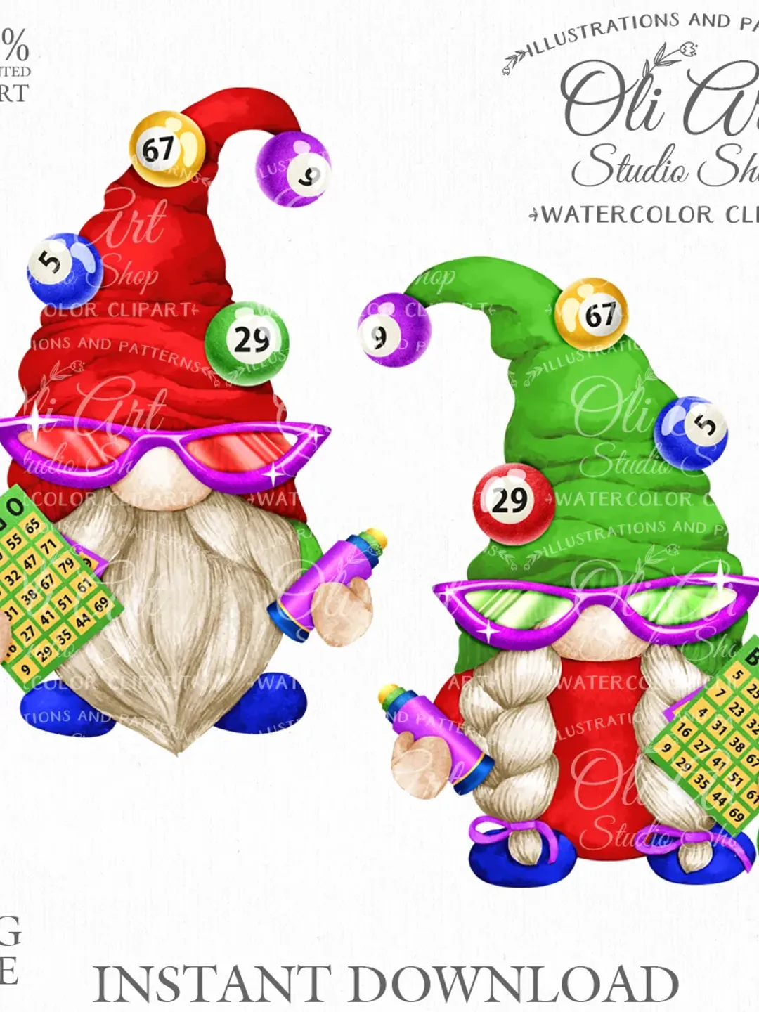 Gnome Bingo Clip Art. Cute Characters, Hand Drawn graphics. Digital Download. OliArtStudioShop