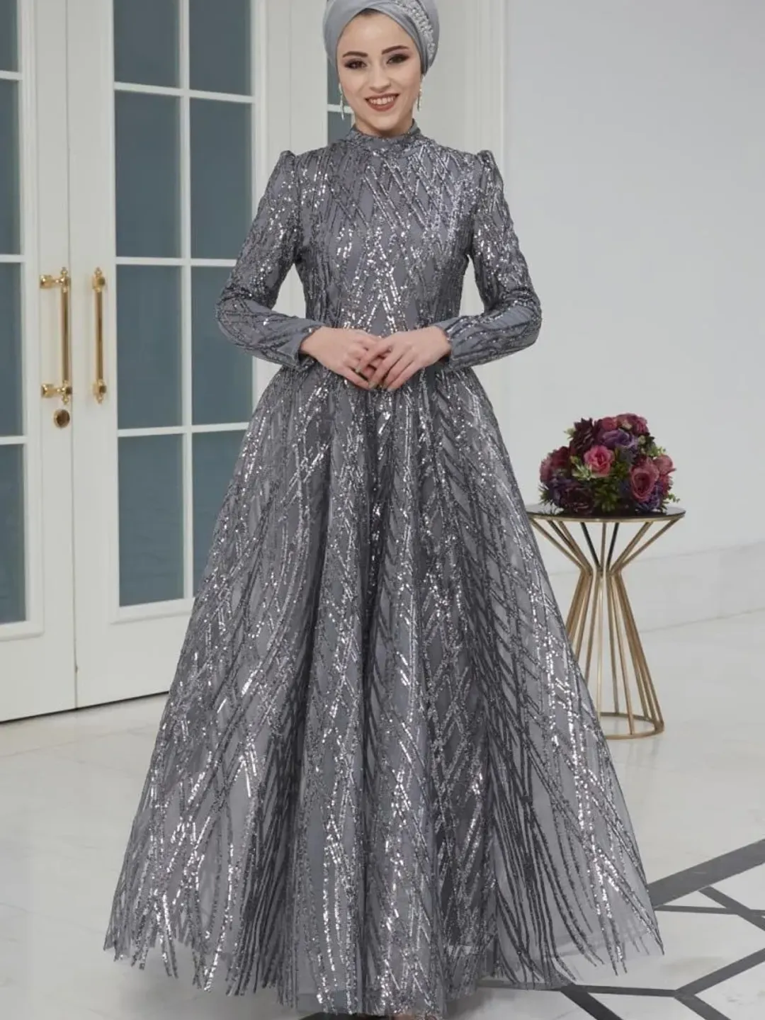 silver dress hijab Metallic Layered Dress