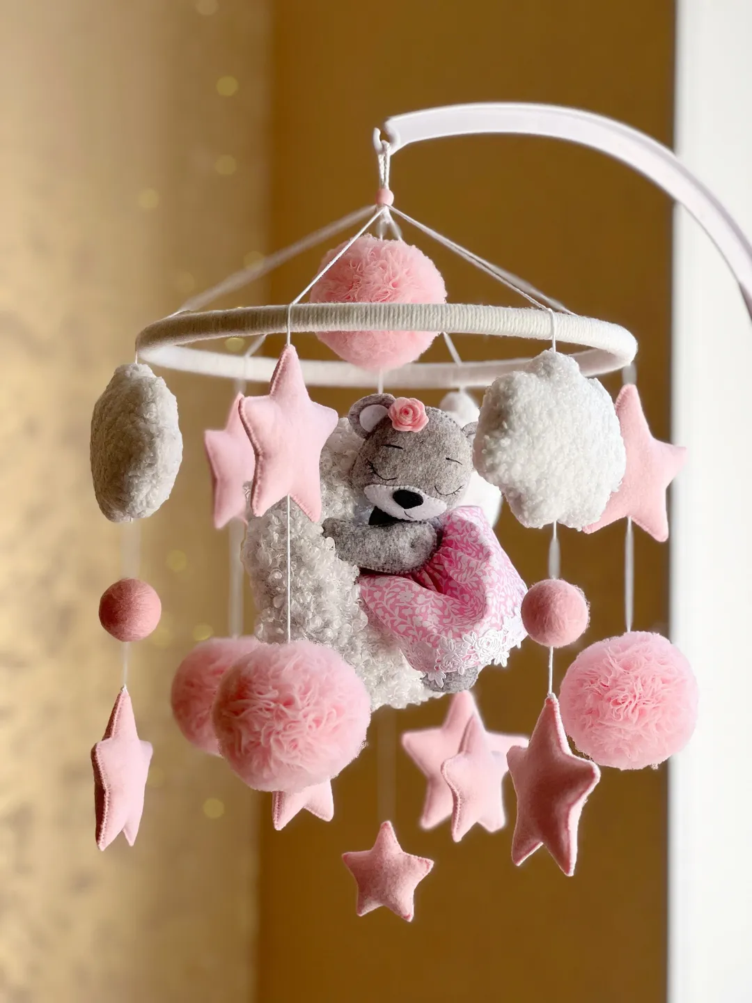 Baby mobile bear, baby girl mobile crib, baby mobile musical, bear mobile nursery
