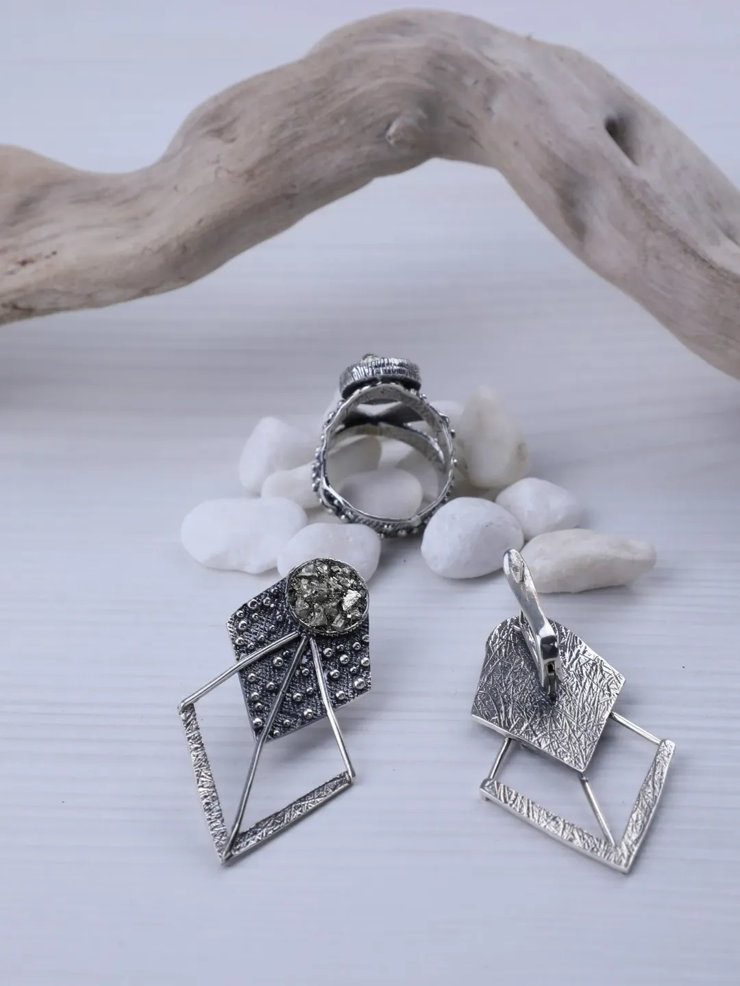 MADE TO ORDER Sterling 925 silver, pyrite jewellery set. hand crafted, unique earrings and ring.