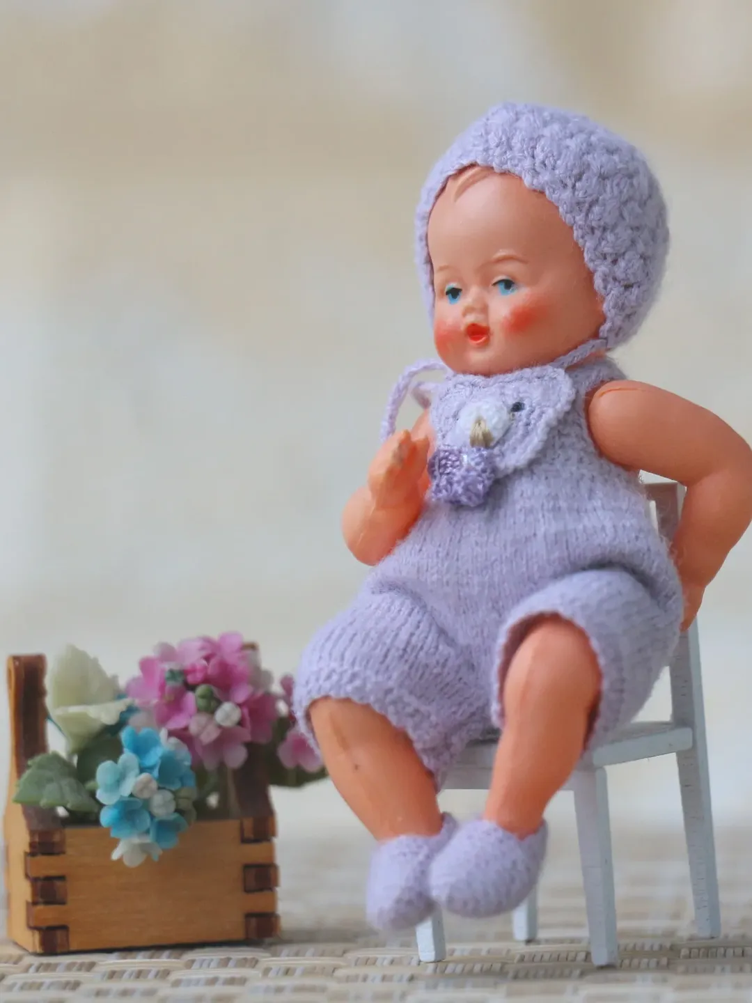 Miniature clothes for mini Caco vintage doll 2,75 inches. Lilac romper with bear decoration, hat. slippers. Creativhook