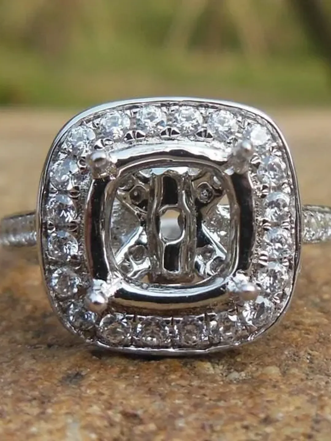 7mm Cushion Cut in 14K White Gold Semi Mount Ring Diamond Ring, Cushion Cut Engagement Ring, Halo Ring