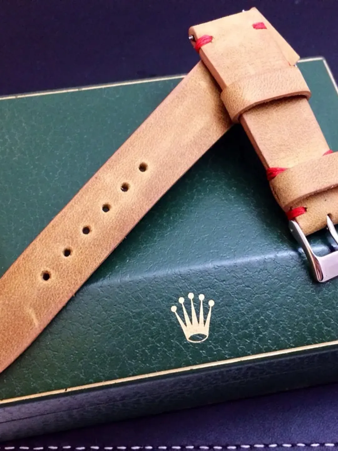 Vintage handmade genuine leather watch Strap, watch band for , khaki, beige color, Red Stitching - 18mm/19mm/20mm lug, 16mm buckle