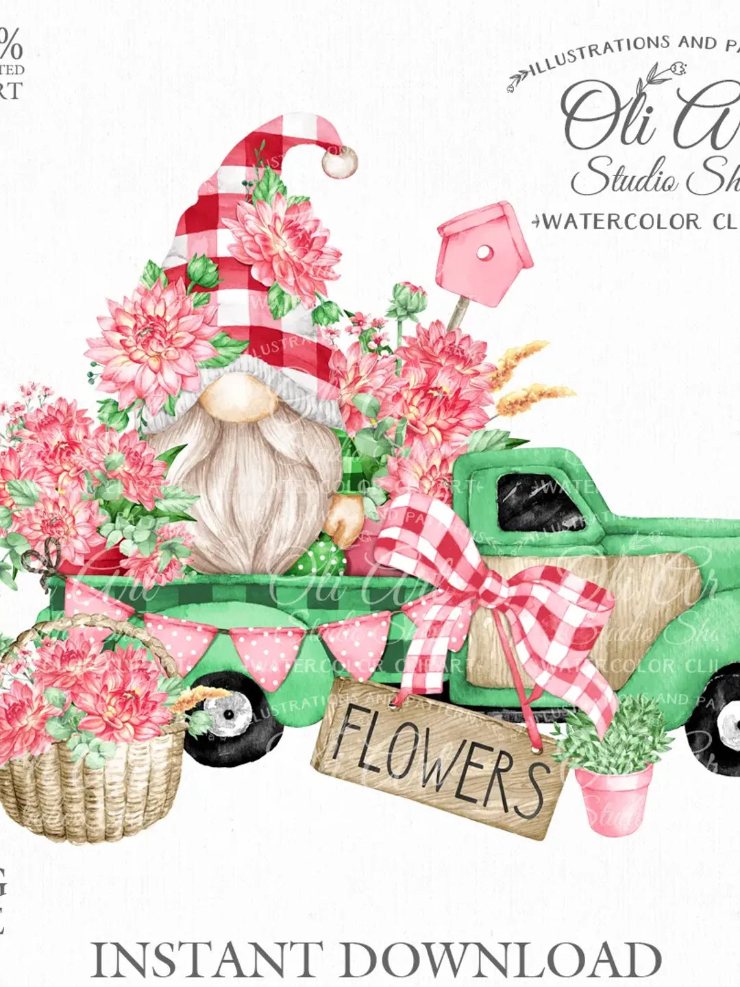 Flowers Truck, Gnome Clipart. Dahlias. Hand Drawn Graphics, Instant Download. Digital Download. OliArtStudioShop