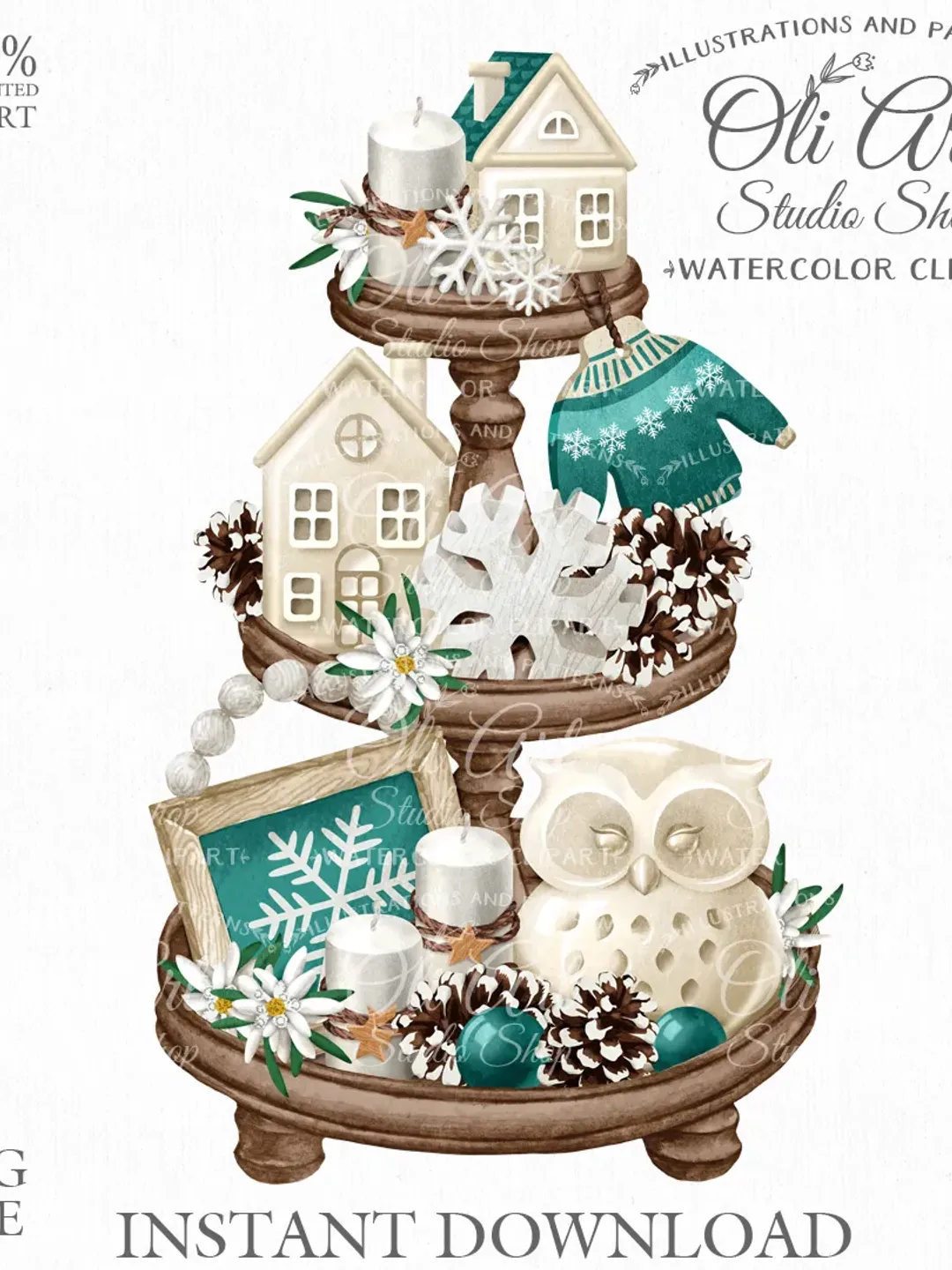 Winter Tiered Tray Design. Xmas. Christmas. Owl. White house. Png File, Hand Drawn graphics. OliArtStudioShop
