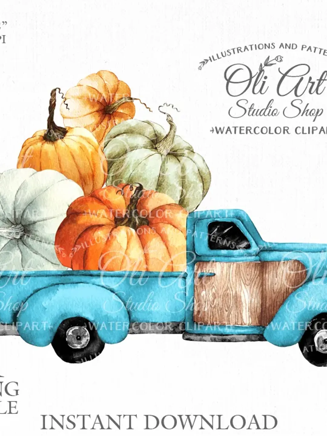 Watercolor Truck with Pumpkins and Sunflower. Fall design Digital ...