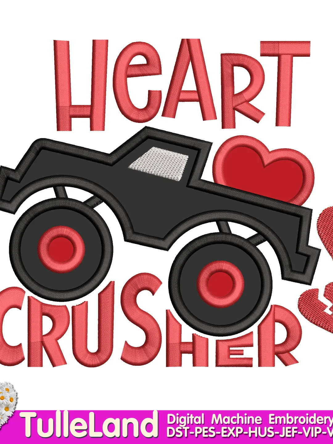 Heart Crusher Truck Valentines Day Design applique for Machine Embroidery