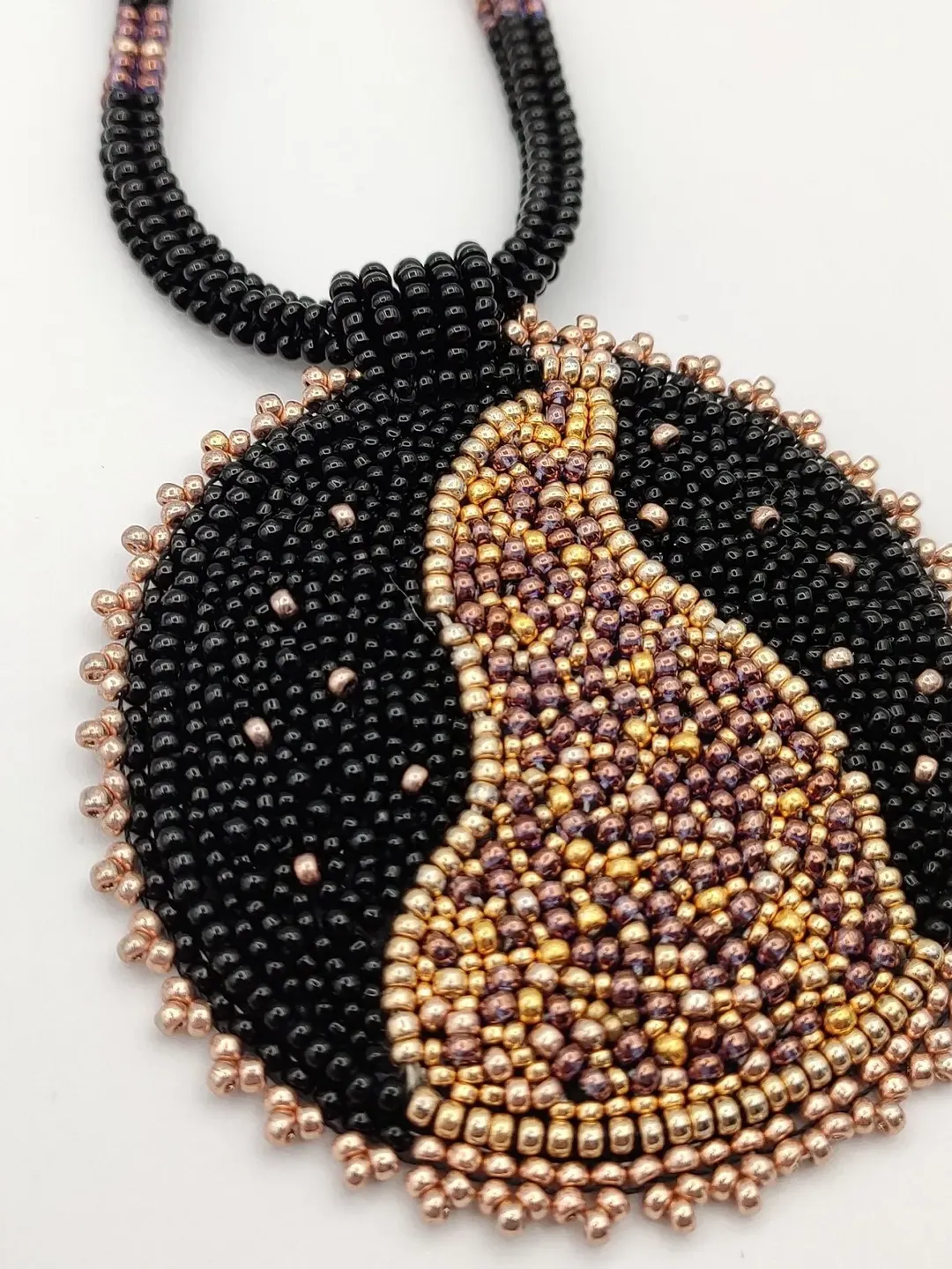 Bead embroidered necklace, beaded round necklace, black and gold necklace, designer necklace, beaded jewelry