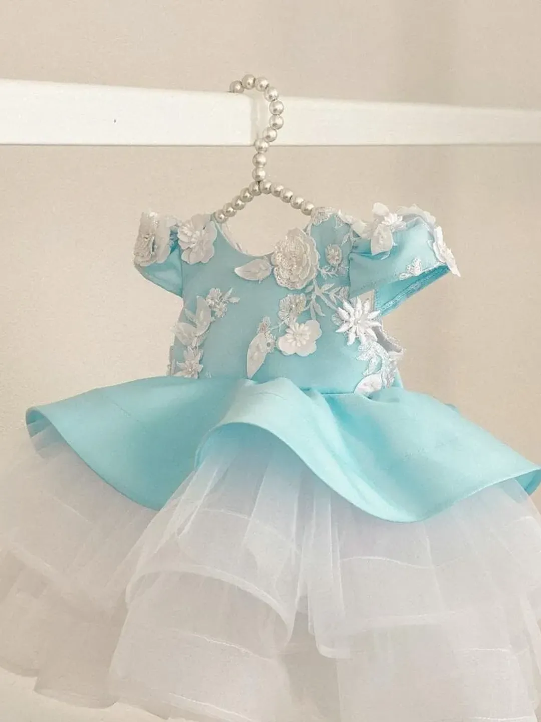 Blue and white dress with 3d flowers and pearls with bow clip, or headband. First birthday dress. Flower girl dress.