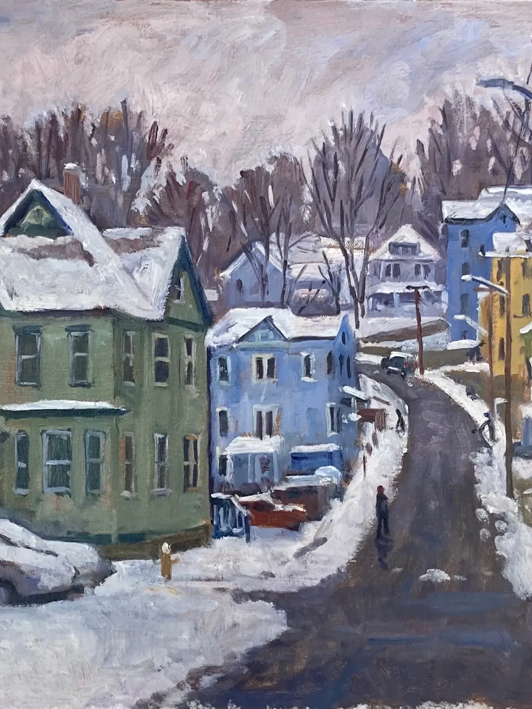Winter Landscape Painting - Snowy Street/North Adams/Berkshires - 15x19 Oil on Linen, Original Plein Air Impressionist Snow Scene