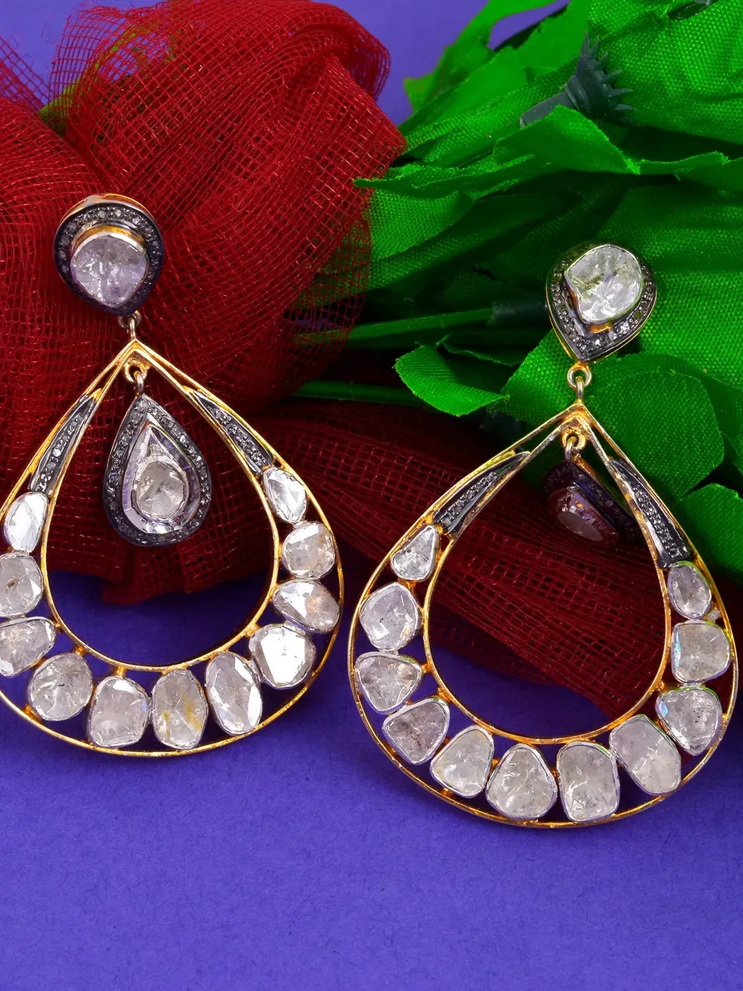 Polki Diamond Earrings, Pave Diamond Earrings, Dangle Earrings, Oxidized Earrings, Diamond Jewelry, Polki Earrings, Rosecut Diamond Earrings