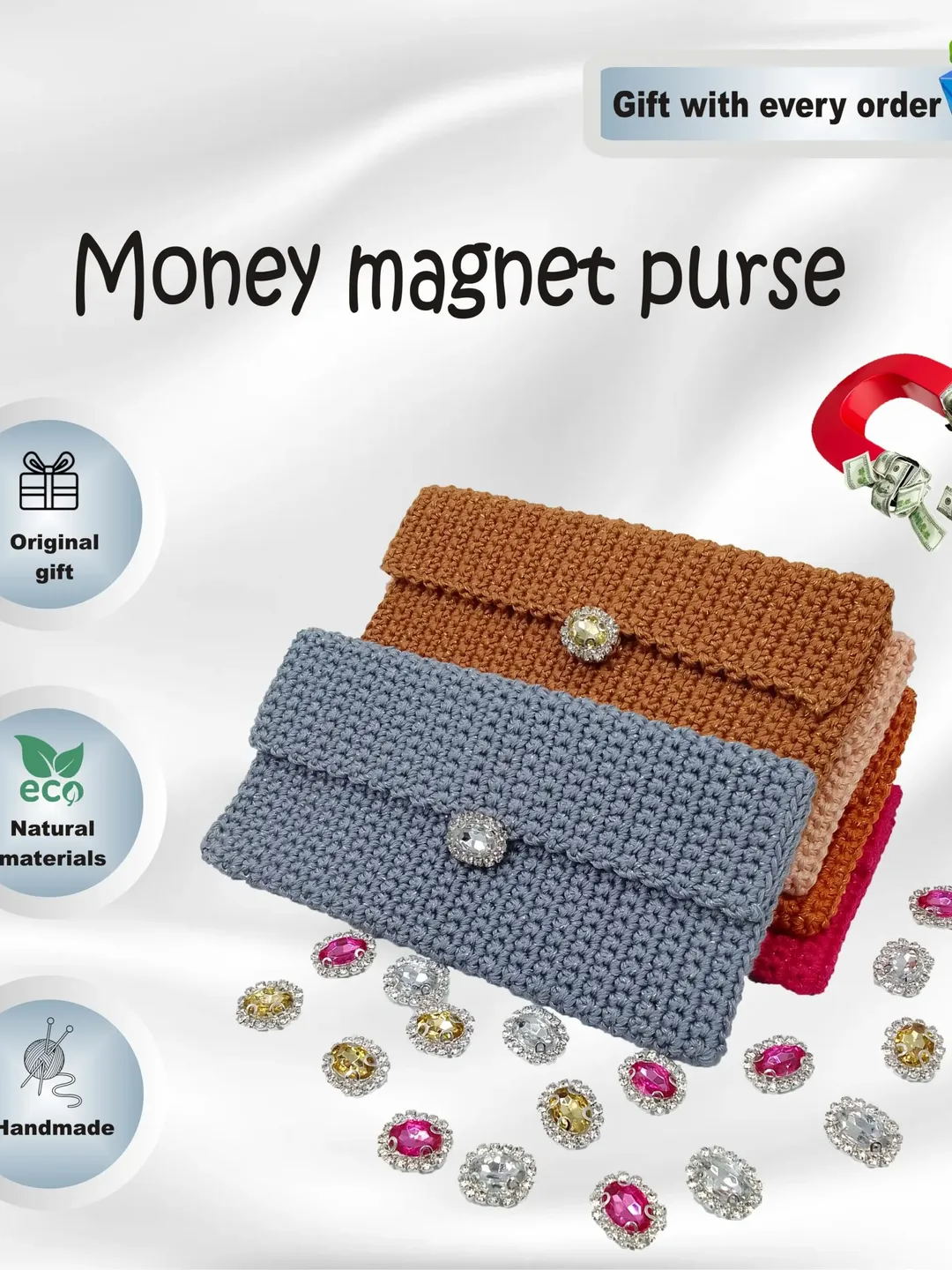 1 Hand knitted purse to attract money, from natural yarn