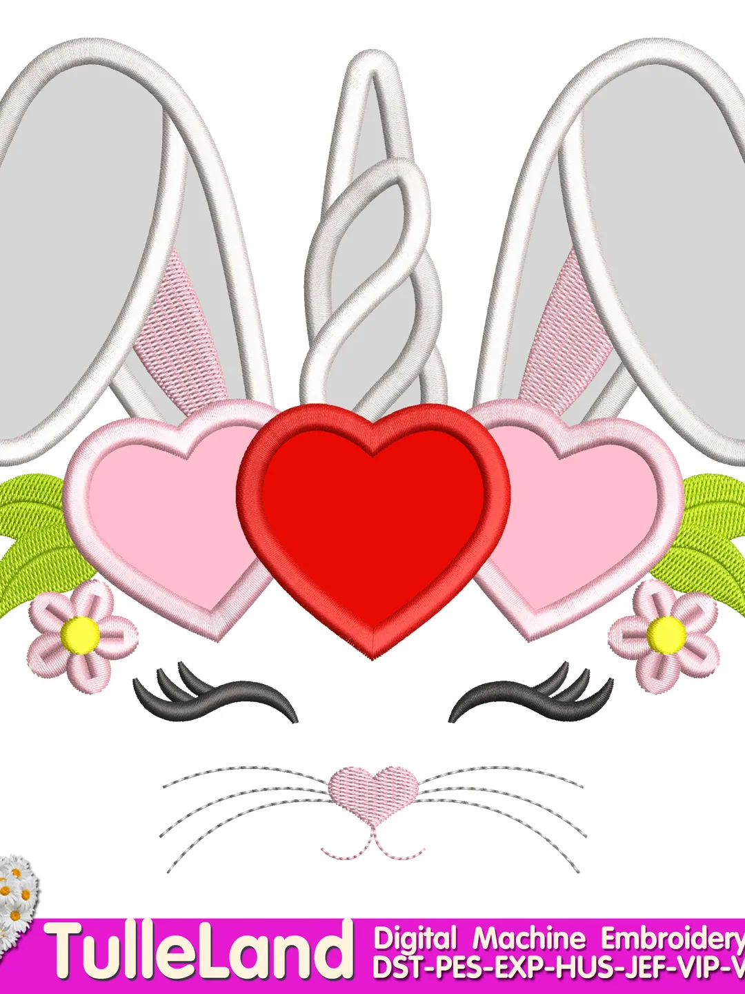 Bunny Unicorn Horn Valentines Day Design applique for Machine Embroidery