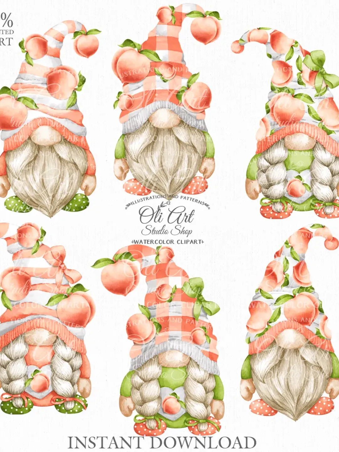 Peache Gnomes Clip Art. Cute Characters, Hand Drawn graphics. Digital Download. OliArtStudioShop