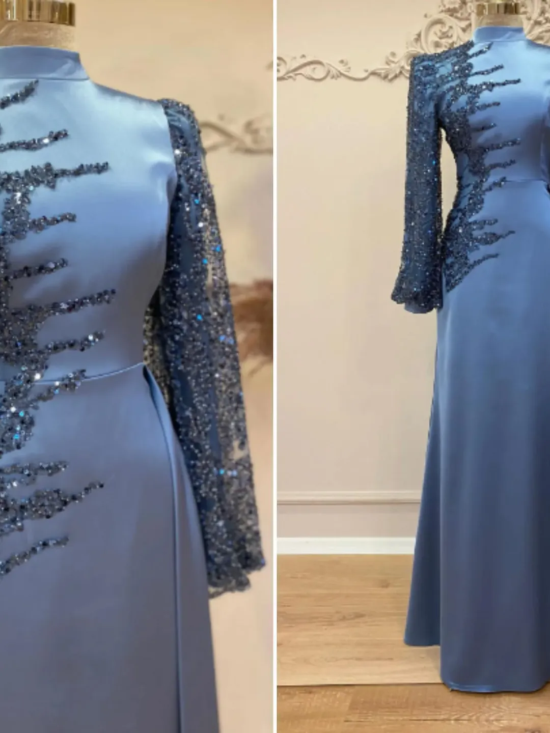 Yaprak Blue Satin Embroidered Side-Tailed Ahunare Wedding Dress, Muslim Evening Gown,Islamic Wedding, Engagement, Bridesmaid, Maxi Dress