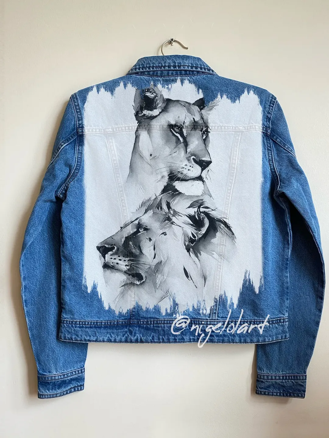 Painted Denim Jacket Handmade Custom denim jacket Personalized jean jackets Portraits from photos Lion art drawing