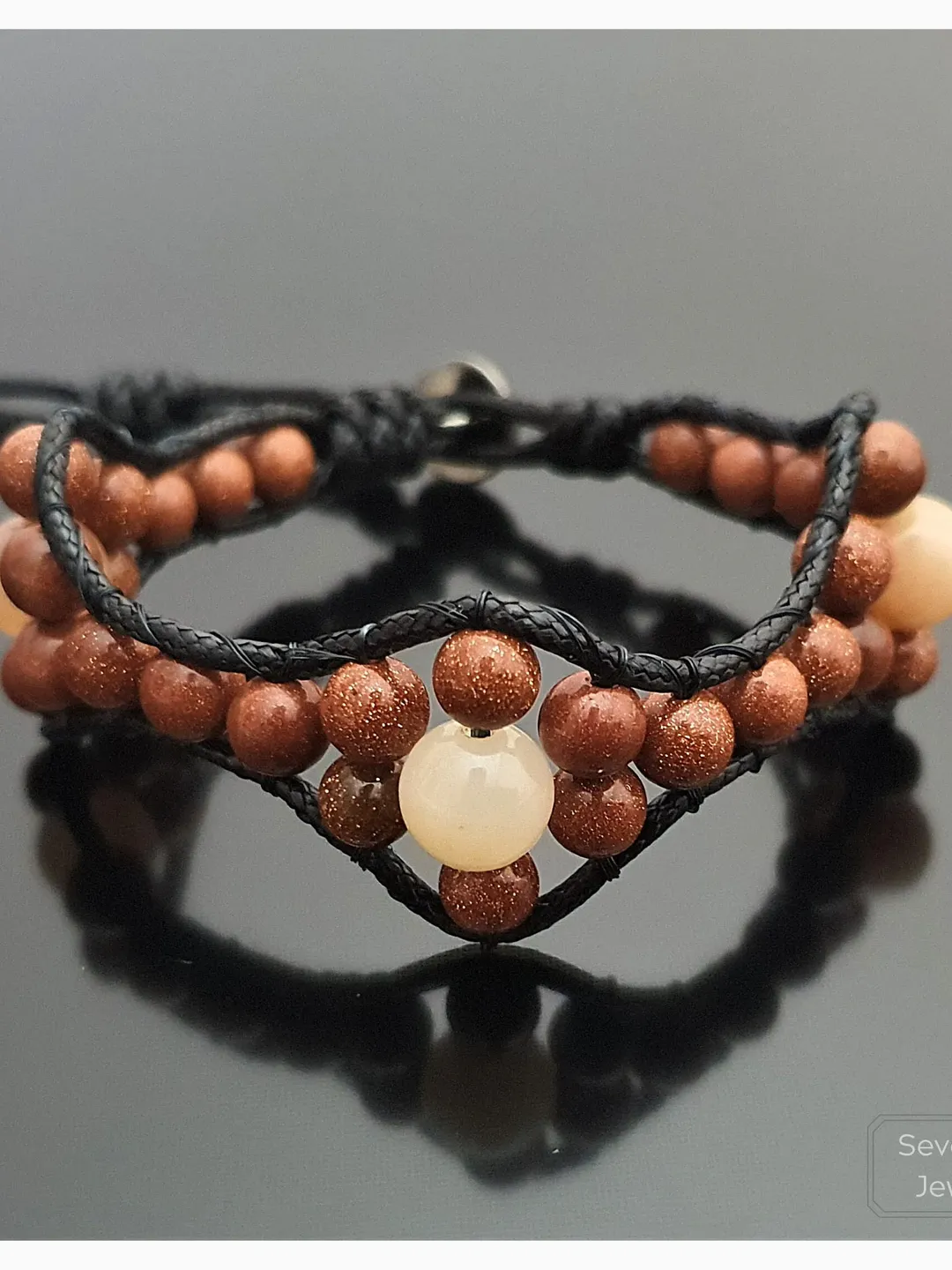 Sunstone and Goldstone Bracelet, Flower Design Wristlet, Bohemian Bracelet, Beaded Jewelry, Boho Floral Signed Style, Gift For Special Days