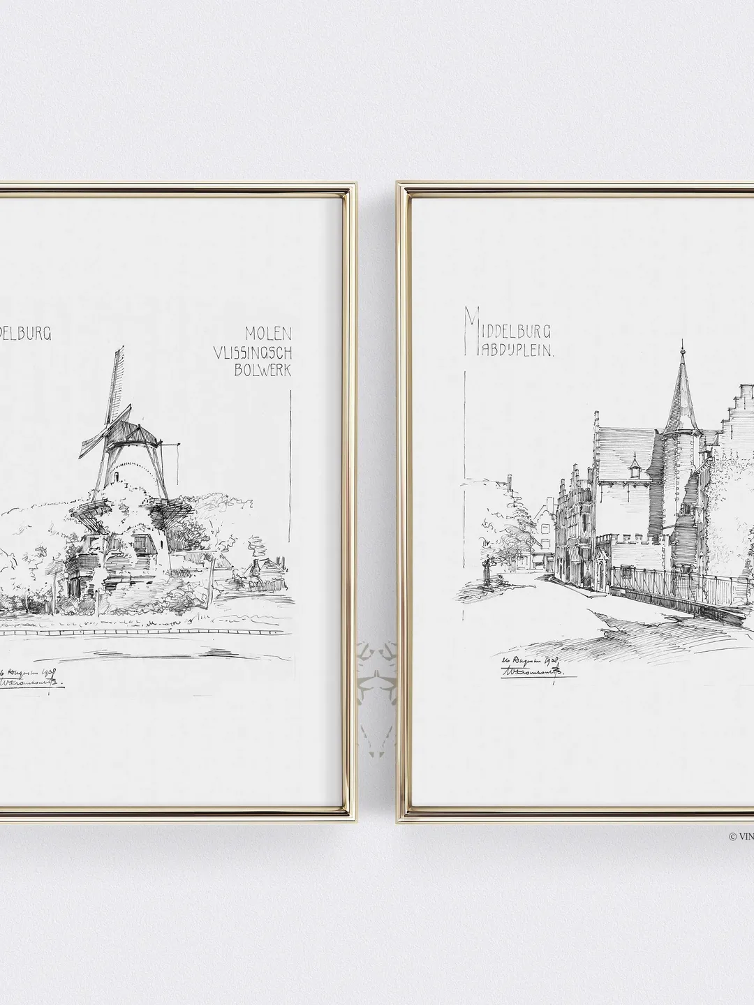 Antique Architecture Sketch Drawing Set of 2, Vintage Art For Gallery Wall Decor, Downloadable | 391 S2