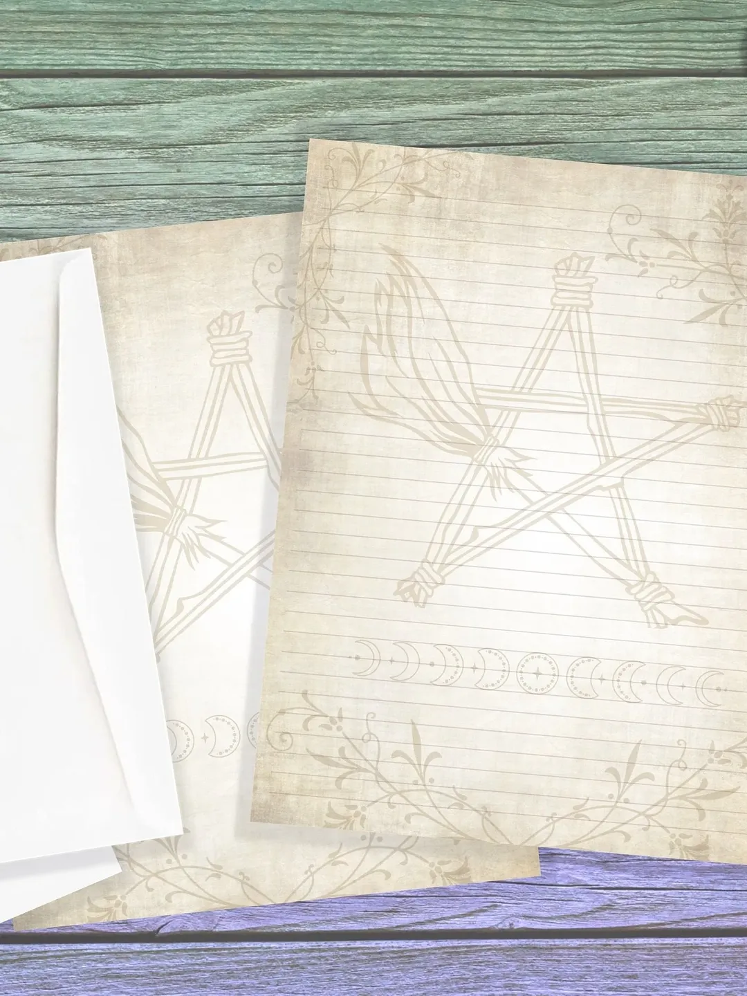 Broom Pentagram Stationery | Witch Writing Paper | Spell Pages | Letter Paper | Junk Journal Page | Pagan Paper | Moon Phase Page