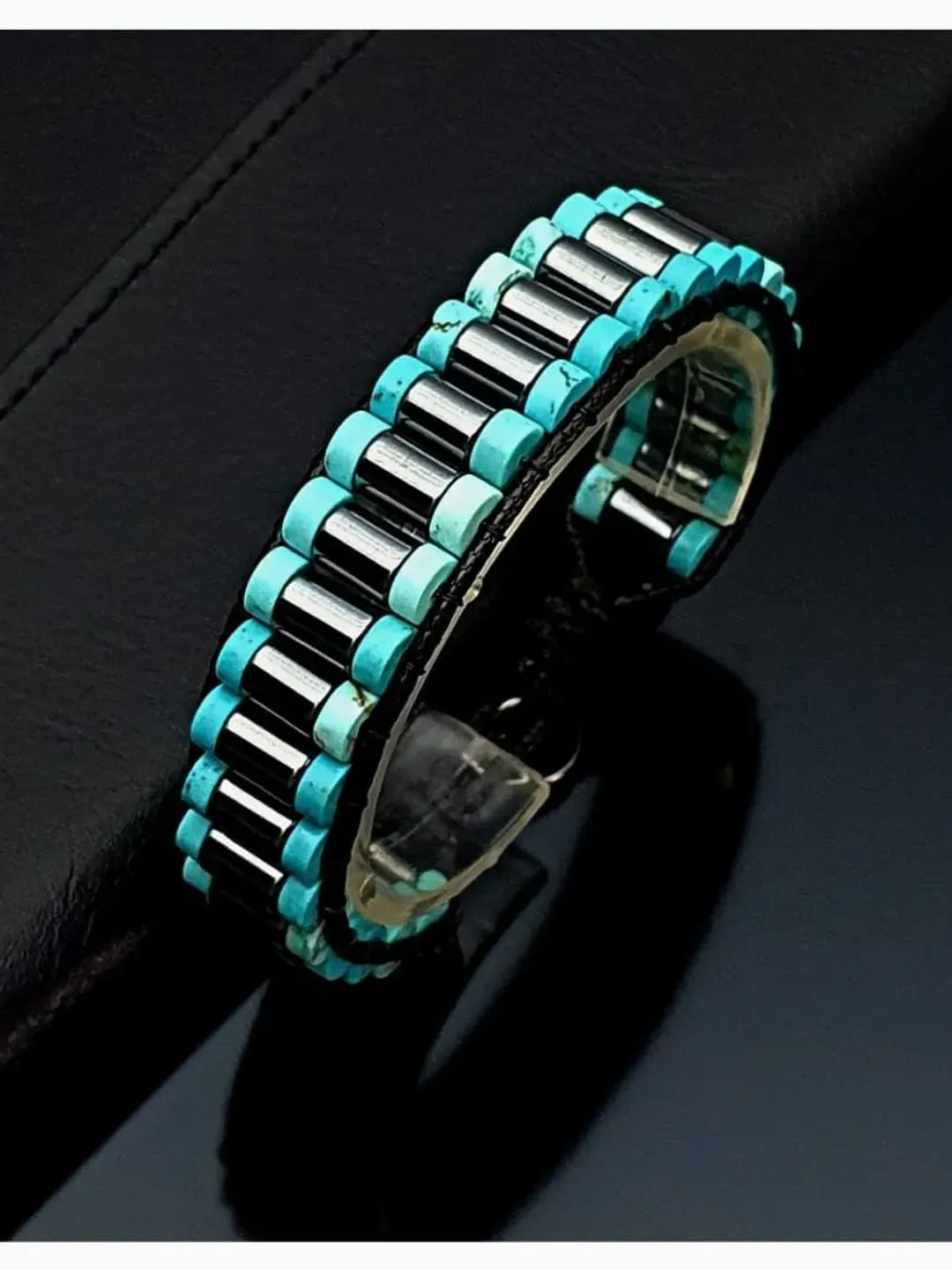 Masculine Turquoise Bracelet, Hematite Gemstone, Unique Design Bracelet, Gift For Men, Women, Retirement Gifts, Groom's Gift, Blue Wristlet