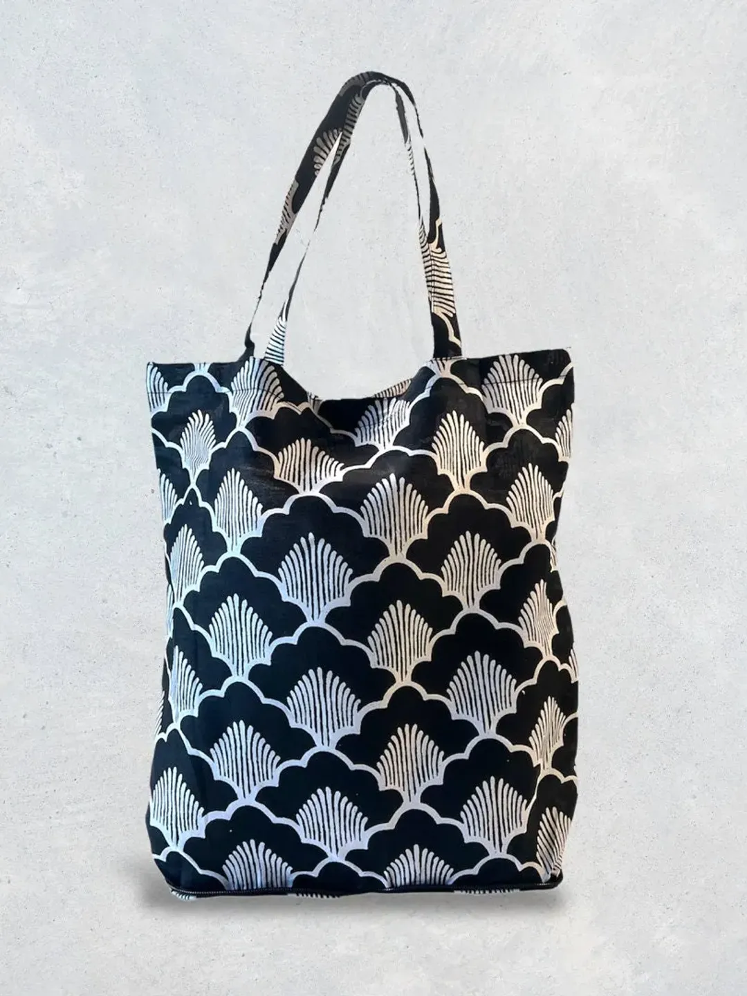 Black and White Foldable Shopping Bag | Foldable Batik Tote | Batik Grocery Bag | Boho Chic Cotton Tote, Ginkgo Pattern
