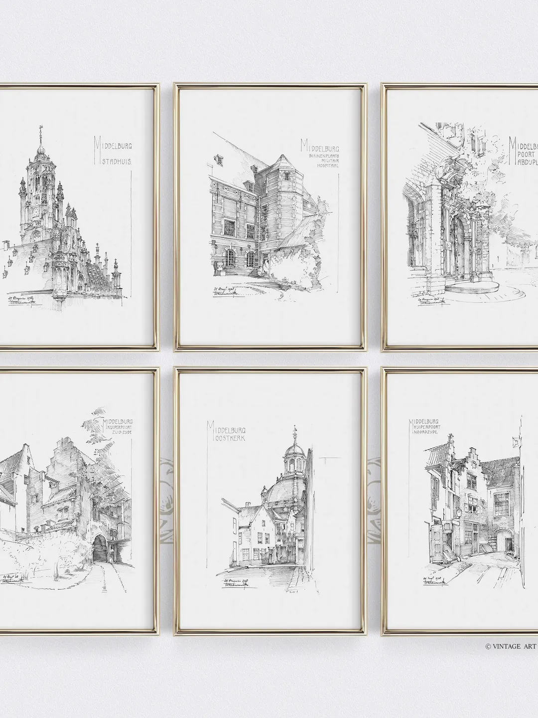 Vintage Architecture Sketch Art, Gallery Wall Set Of 6, Antique Cityscape Drawing, Printable Downloadable | S6-4