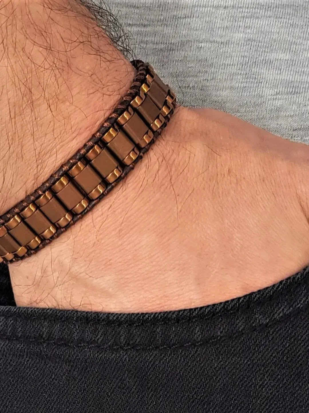 Brown Hematite Bracelet, Gemstone Beads, Copper Wristlet, Mens Gift, Chic Design Jewelry, Grooms Gifts, Classy Wristlet, Halloween Presents