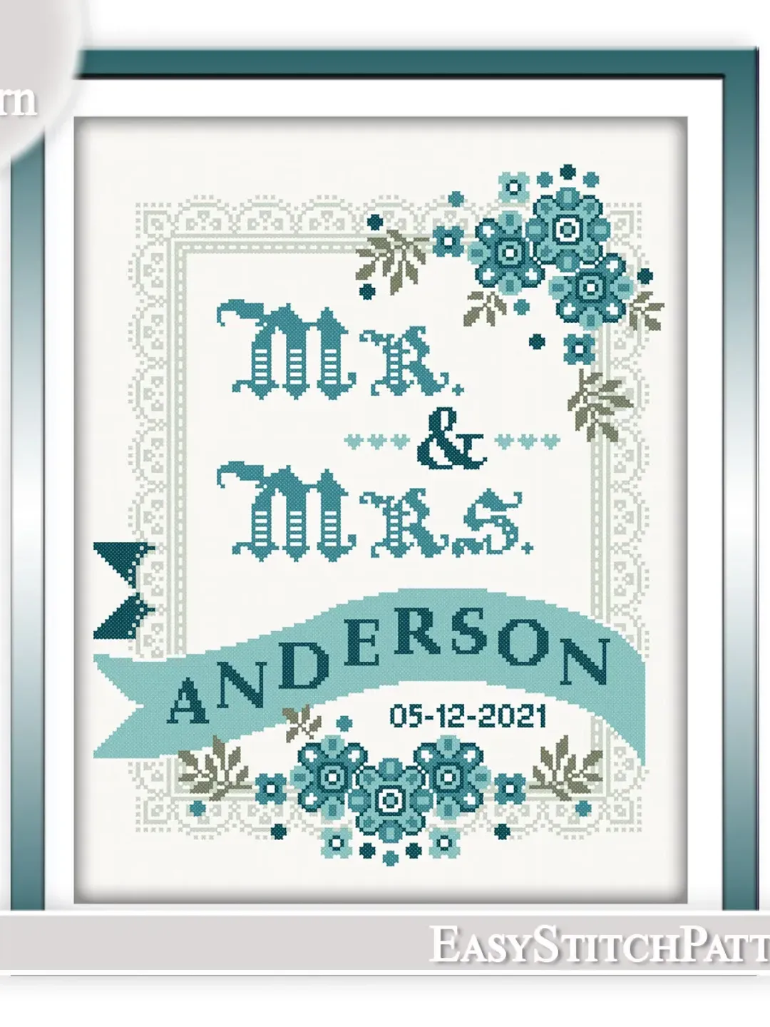 Anniversary. Wedding cross stitch pattern. DIY. Floral Wreath. Border cross stitch. Flower frame.