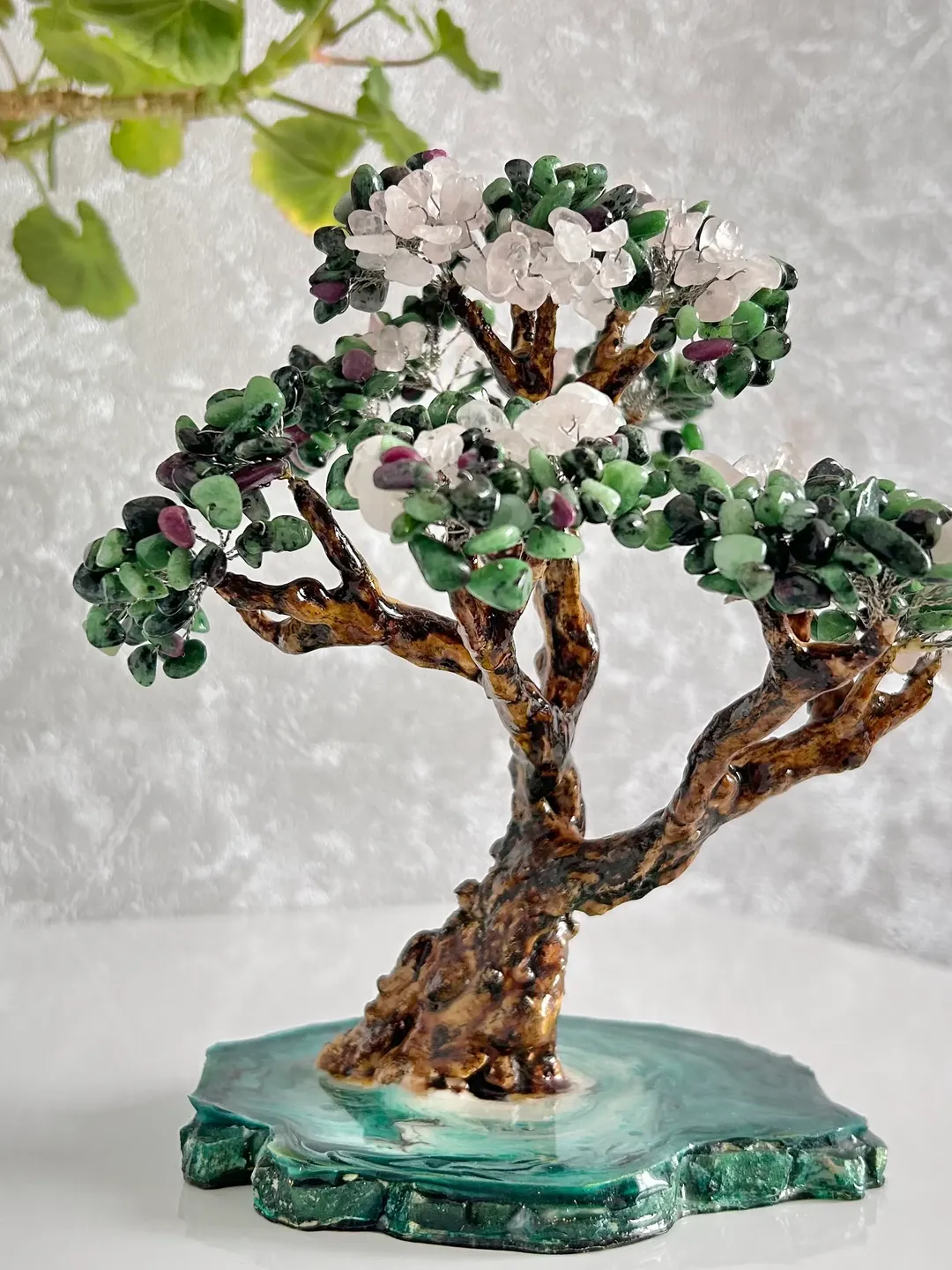 Artificial gemstones bonsai tree handmade of ruby zoisite and rose quartz