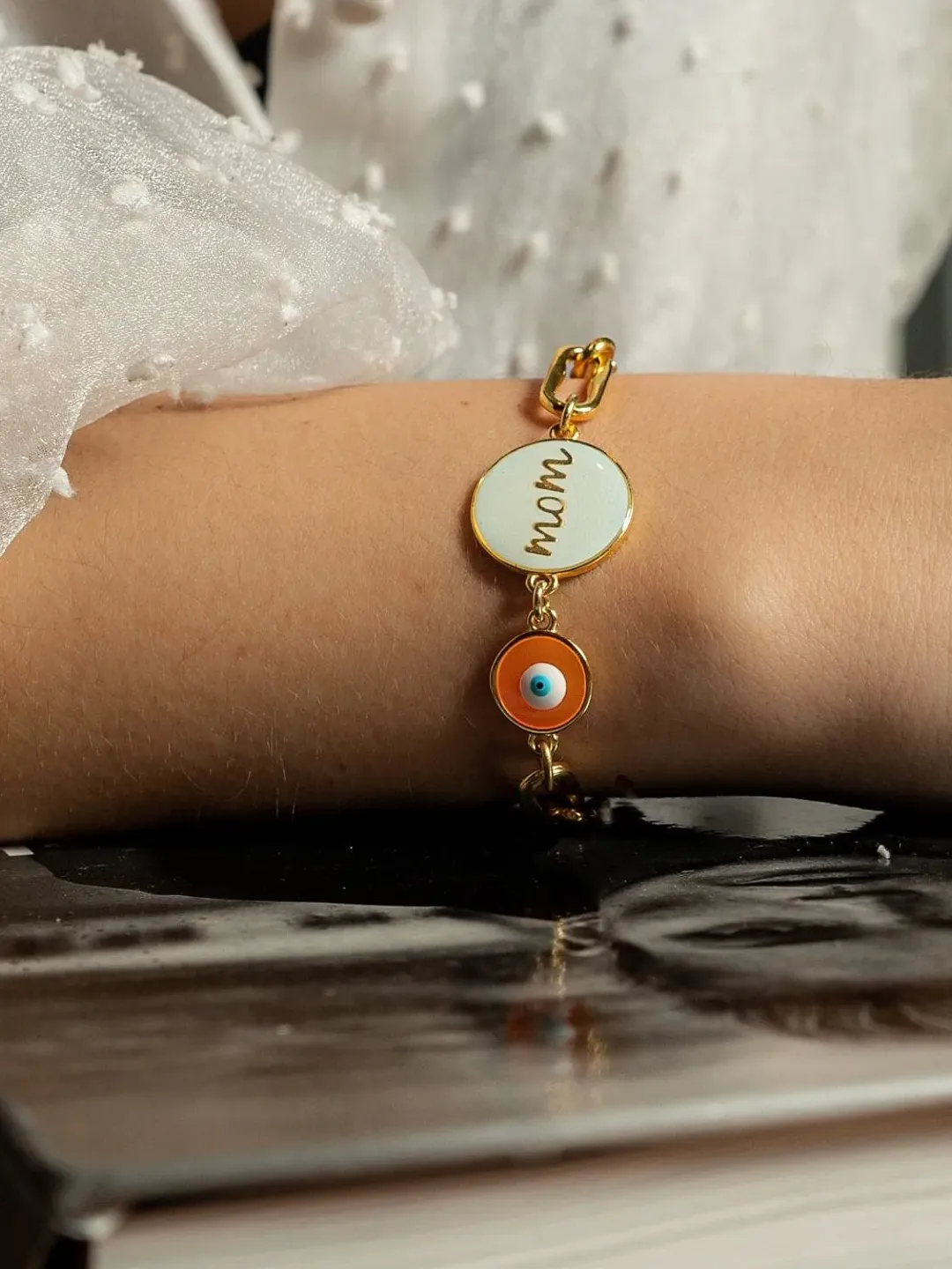 Mom Bracelet with Evil Eye Charm | Gold Handmade Link Chain Bracelet | Mothers Day Jewelry Gifts for Her | Women Link Bracelet with Charms