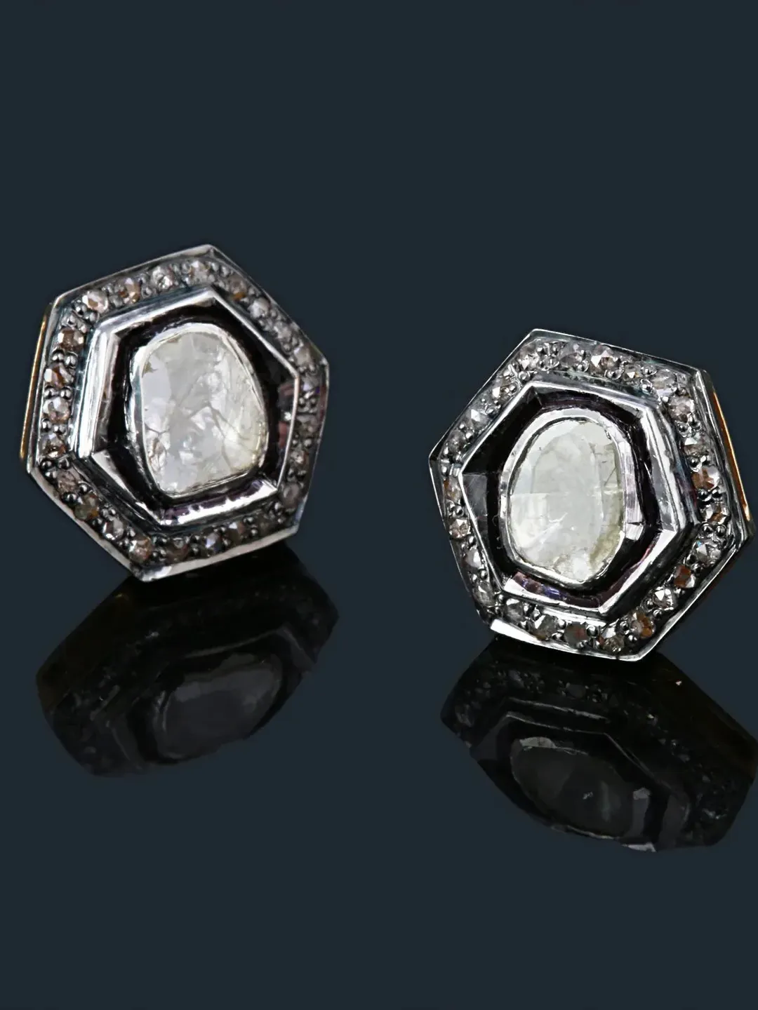 Natural Polki Diamond Studs, Pave Studs, Polki Earrings, Hexagon Shaped Studs, Sterling Silver Stud, Victorian Earrings, Push Back Studs