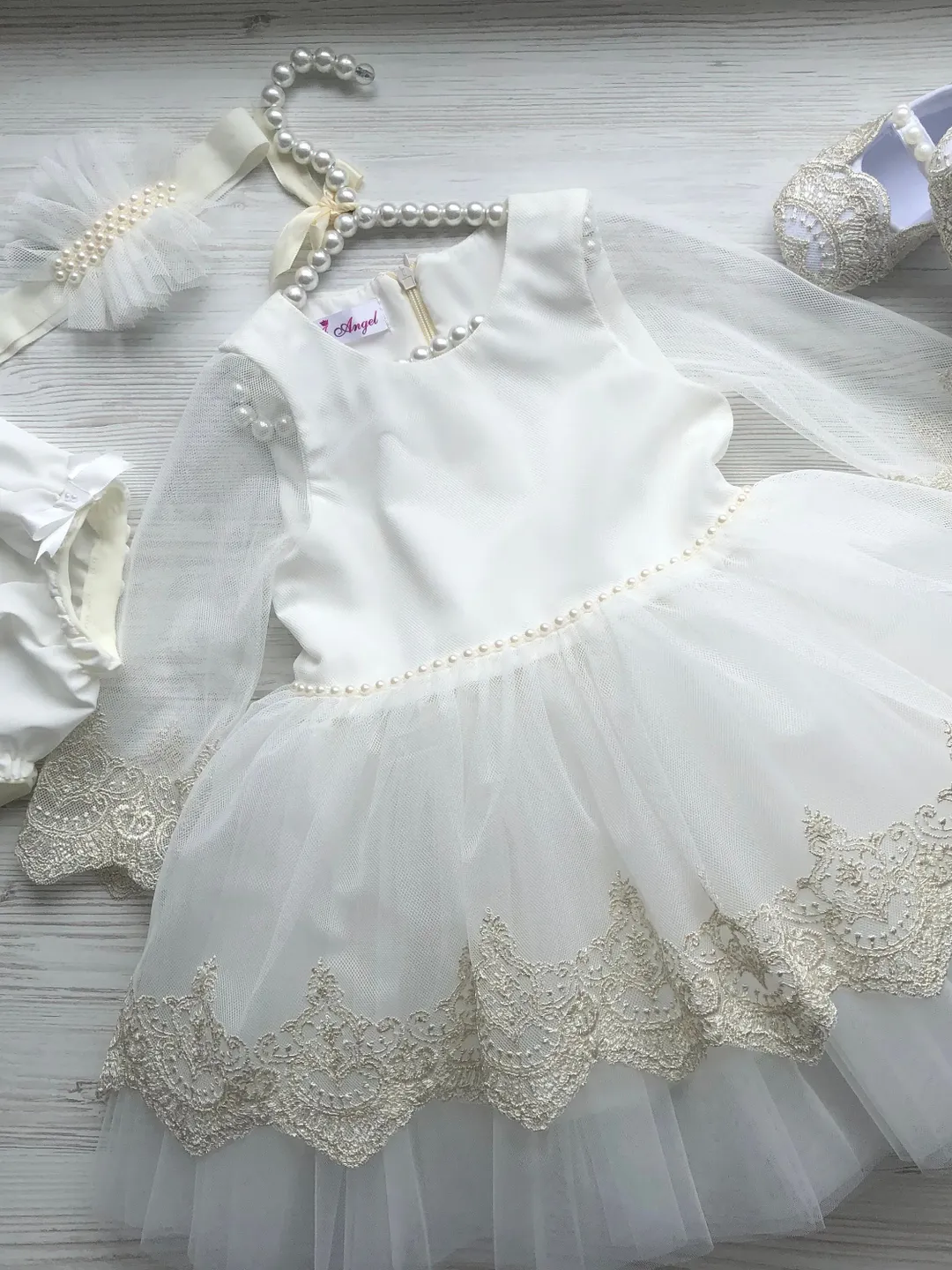 Ivory dress with gold lace, headband, panties and shoes for baby girl. Dress with long sleeves. Baptism outfit for girl.  Christening gown
