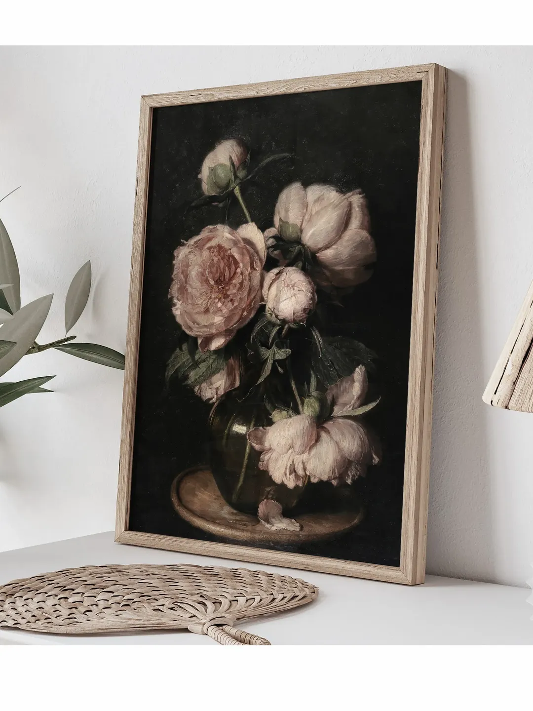 Dark Vintage Pink Peonies Art Print, Moody Floral Still Life Oil ...