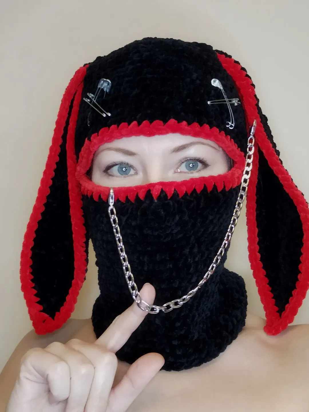 Zombie bunny balaclava Hand knit goth balaclava with ears Black red face cover crochet Sexy bunny mask adults.