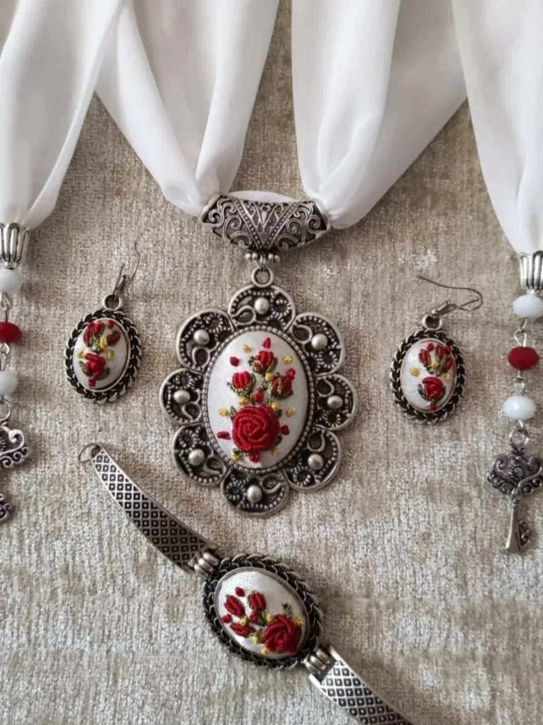 Vintage Embroidery pendant, rococo red rose  embroidery necklace, Pendant necklaces, Handmade jewelry, Gift for women,