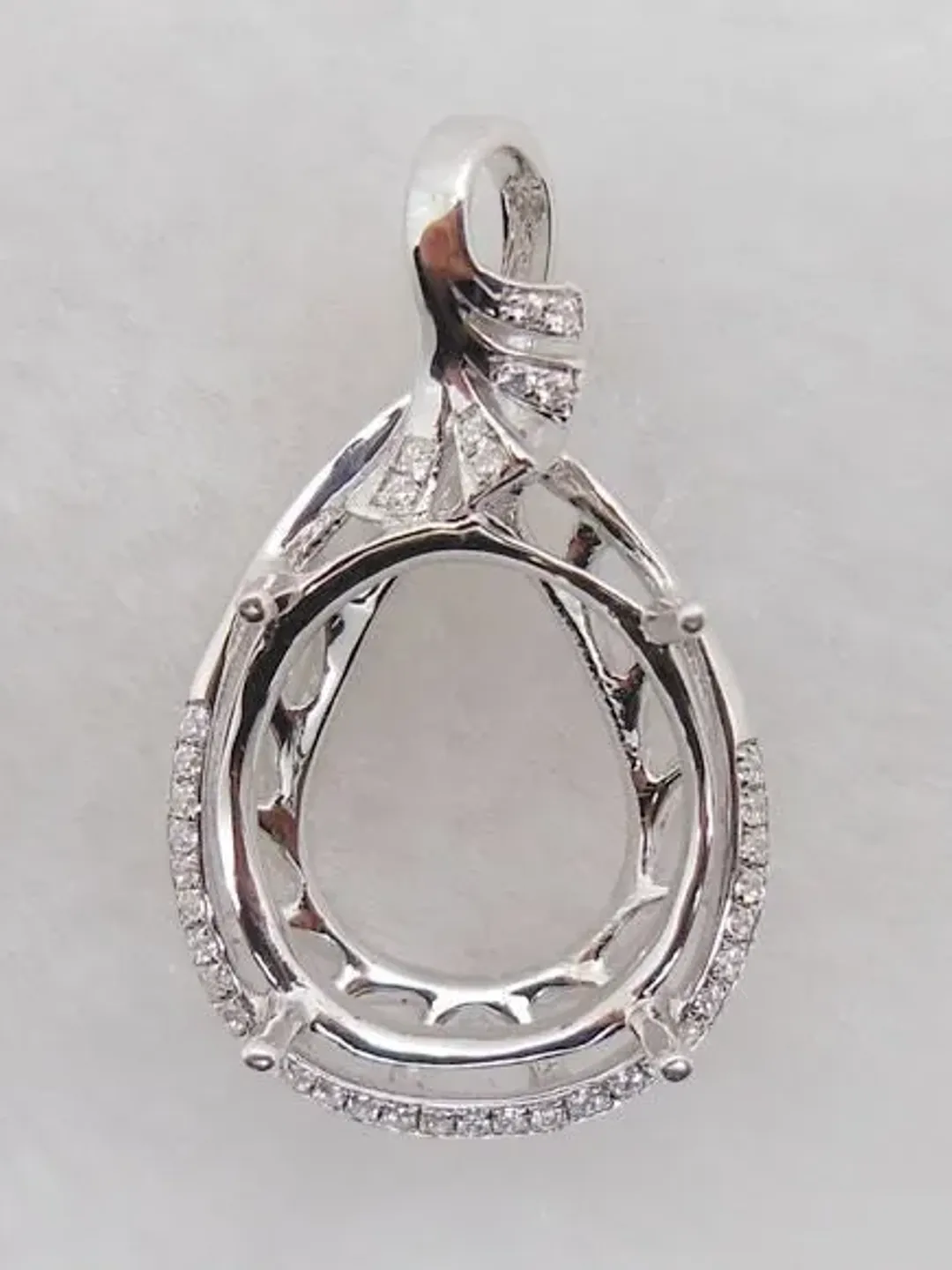 Solid 14K White Gold Oval 13X15MM Fashion Semi Mount Pendant