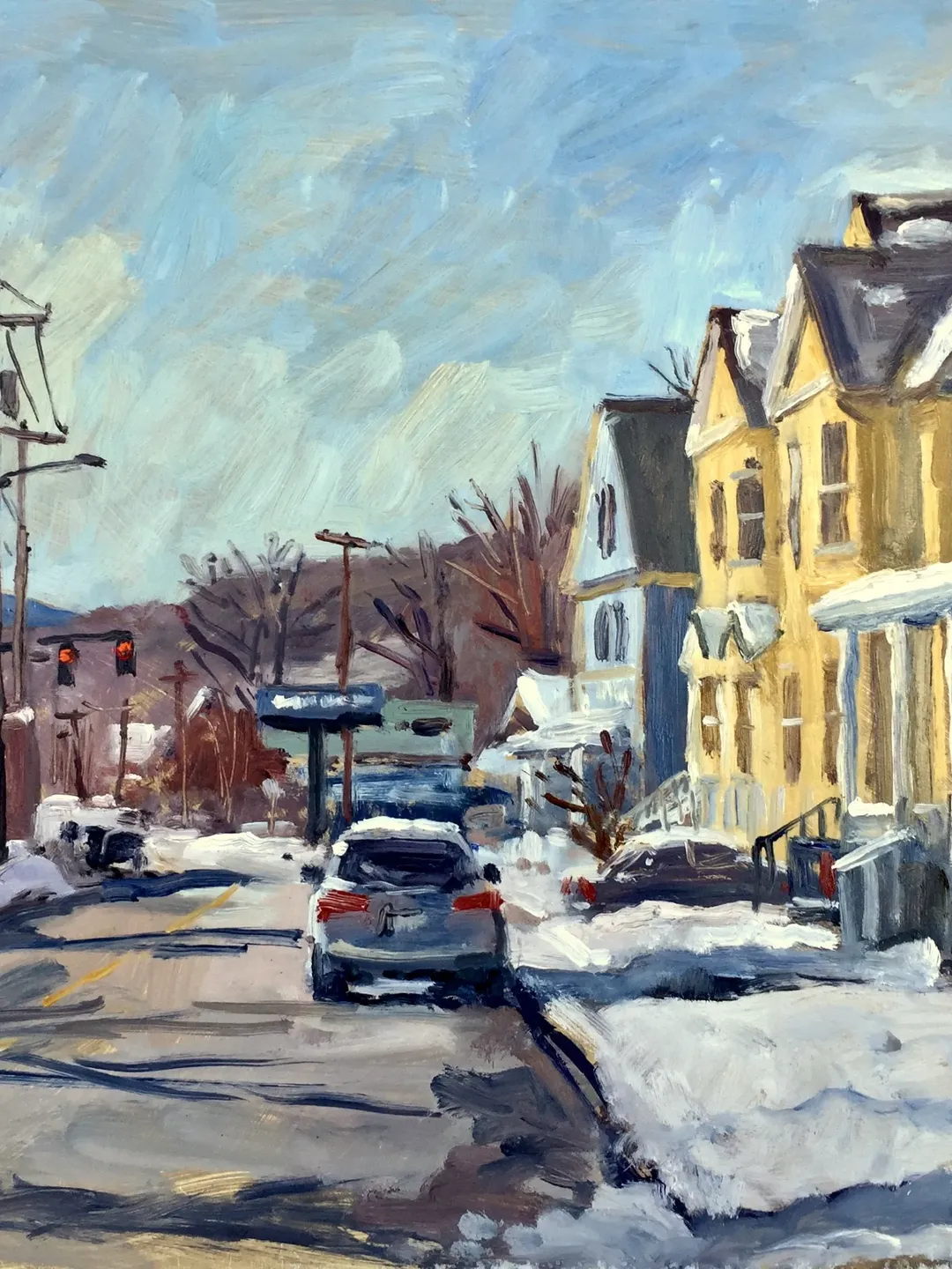 Original Winter Landscape Painting - December Light/North Adams - 12x16 Oil on Panel, Plein Air Impressionist Snow Scene, Signed Original