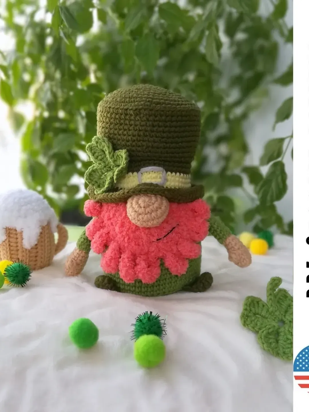 Crochet Gnome Pattern St. Patrick's Day, amigurumi gnomes toy, DIY irish gnome with beer, pattern by CrochetToysForKids
