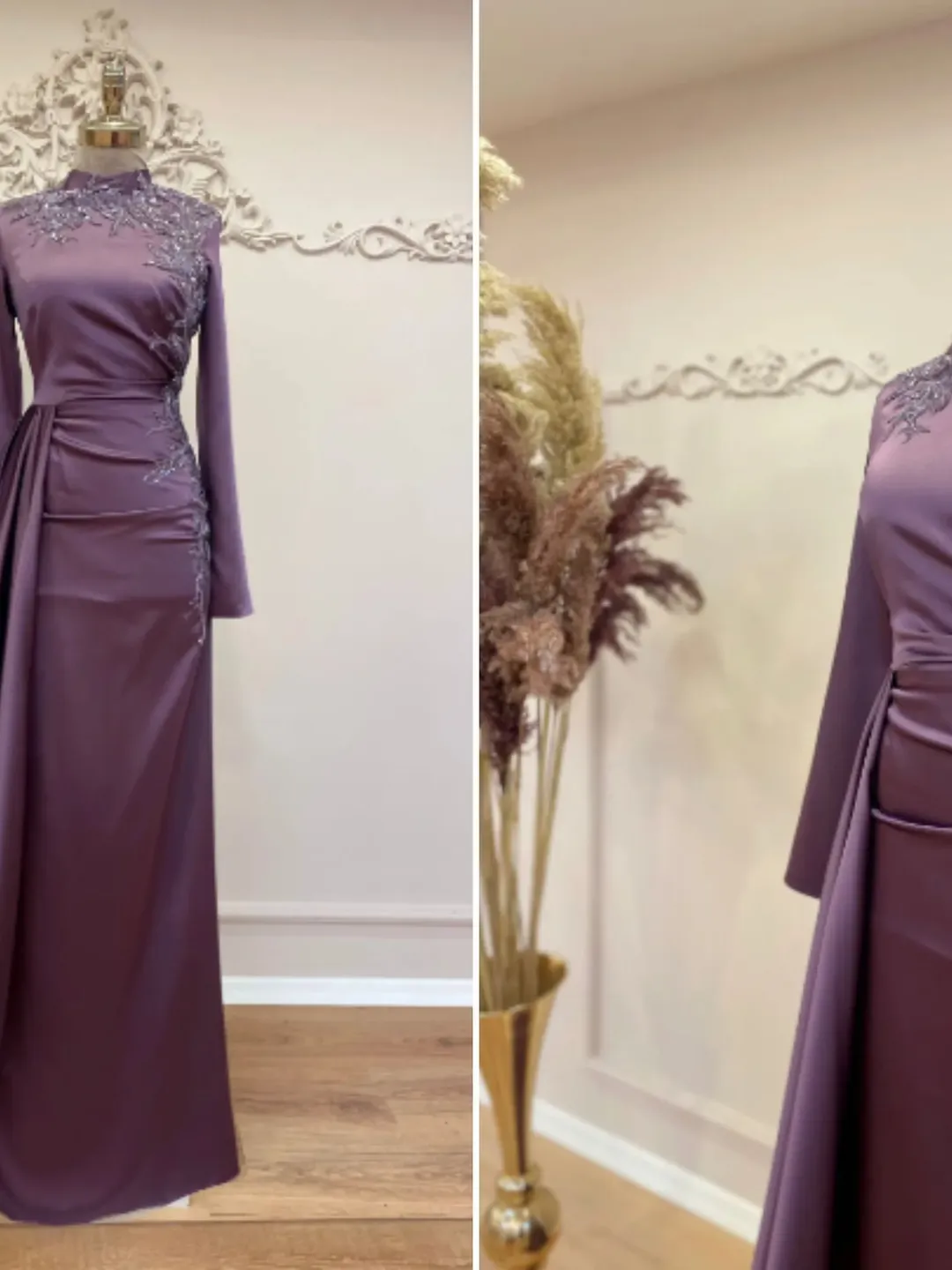 Eda Purple Satin Embroidered Side-Tailed Wedding Dress, Muslim Evening Gown, Nikah, Islamic Wedding, Engagement, Bridesmaid, Maxi Dress