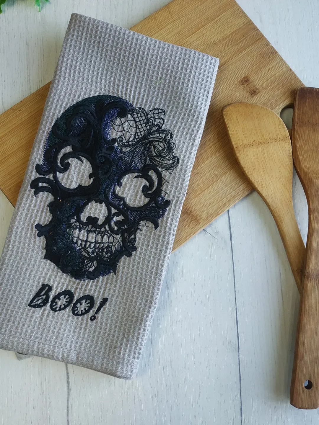 Halloween scull embroidered waffle towel, embroidered kitchen towels, scull kitchen towel, hanging dish towel, halloween