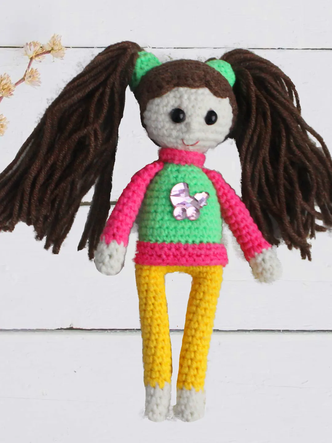 Personalized doll little girl gift soft toy green sweater, toy Tilda doll, crochet doll gift baby organic toy baby room