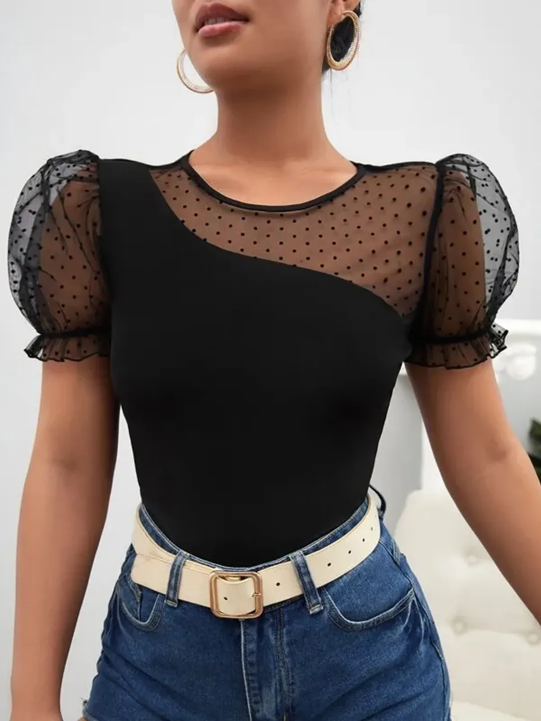 Polka Dot Mesh Round Neck Puff Sleeve Short Sleeve Tee Top Blouse Tshirt Women