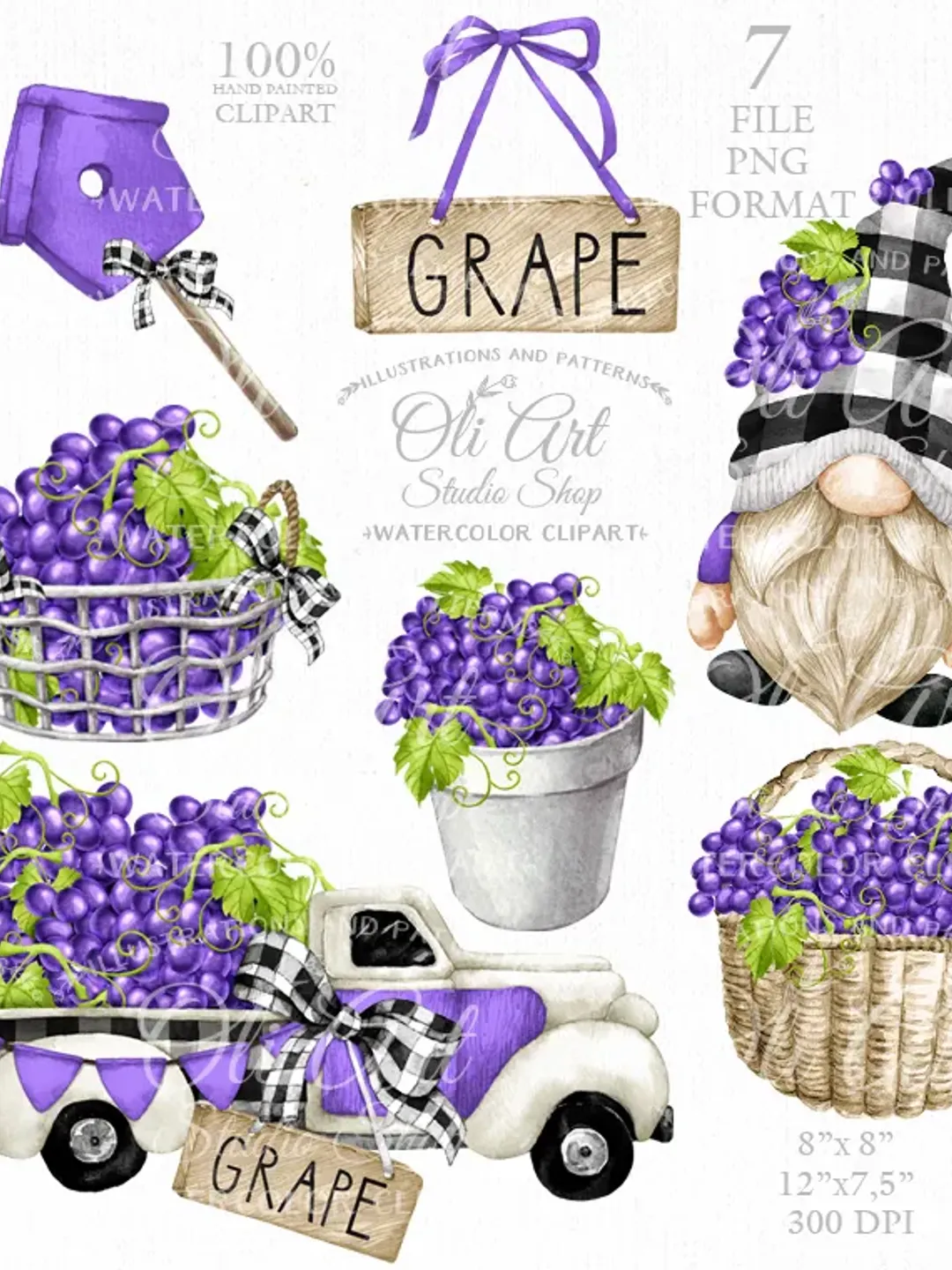 Grape Gnome Clipart. Truck. Digital Clipart, Hand Drawn Graphics, Instant Download. Digital Download. OliArtStudioShop