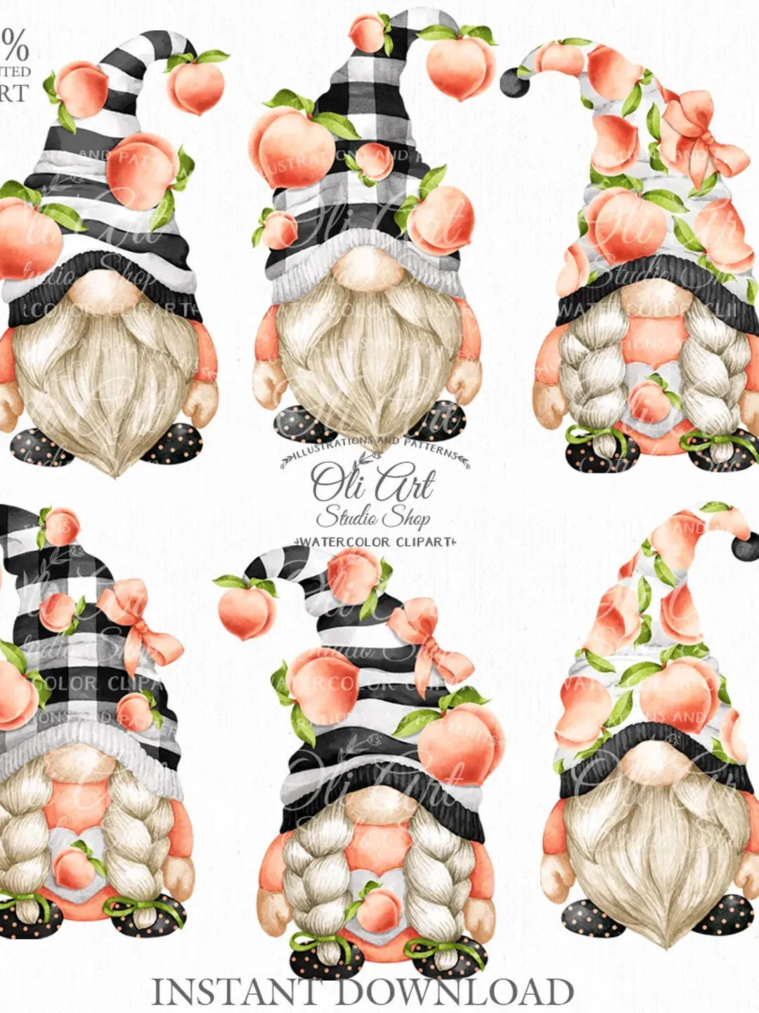 Peache Gnomes Clip Art. Cute Characters, Hand Drawn graphics. Digital Download. OliArtStudioShop