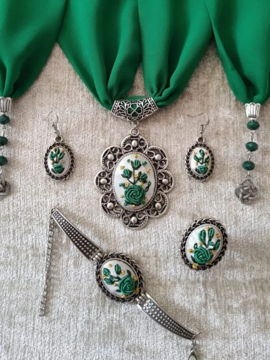 Vintage Embroidery pendant, rococo green rose  embroidery necklace, Pendant necklaces, Handmade jewelry, Gift for women, Aesthetic necklace