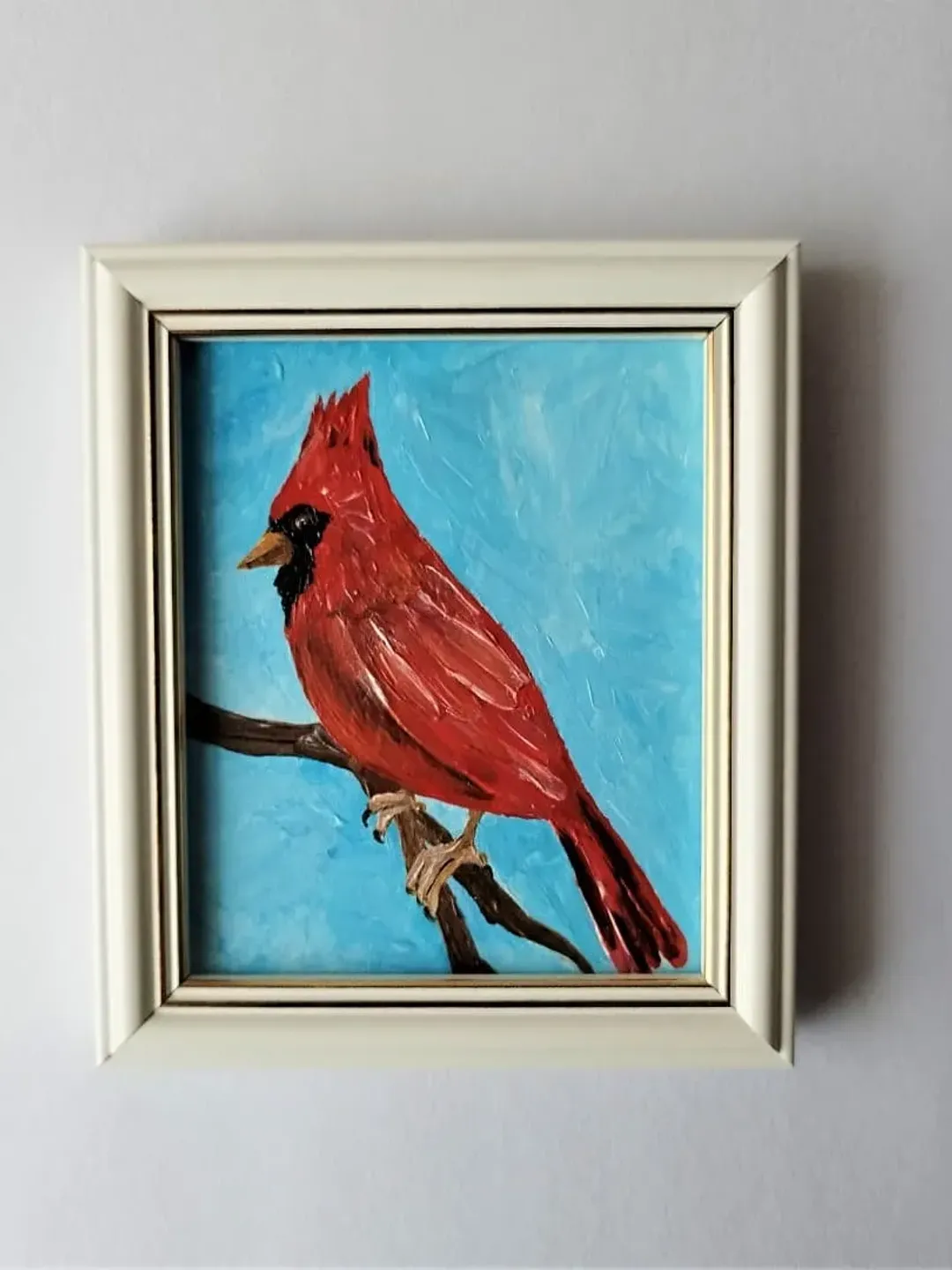 Red cardinal wall art, Small wall decor, Mini painting, Little bird painting