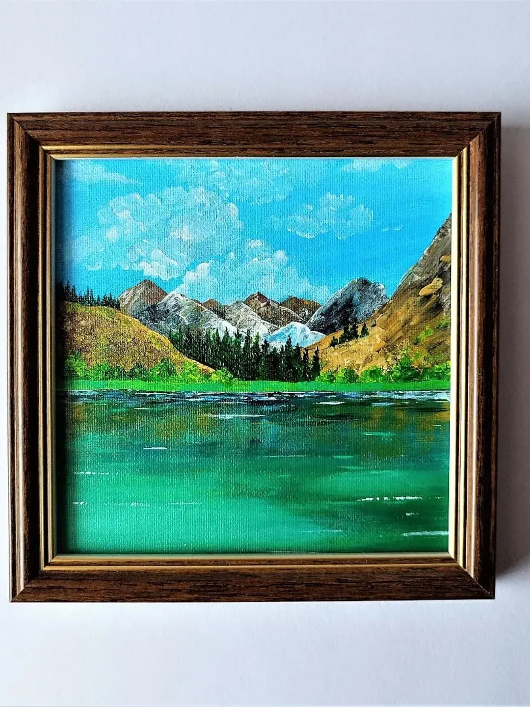 A landscape painting, Mountain lake landscape painting, Green mountain landscape, Mountain impressionist painting