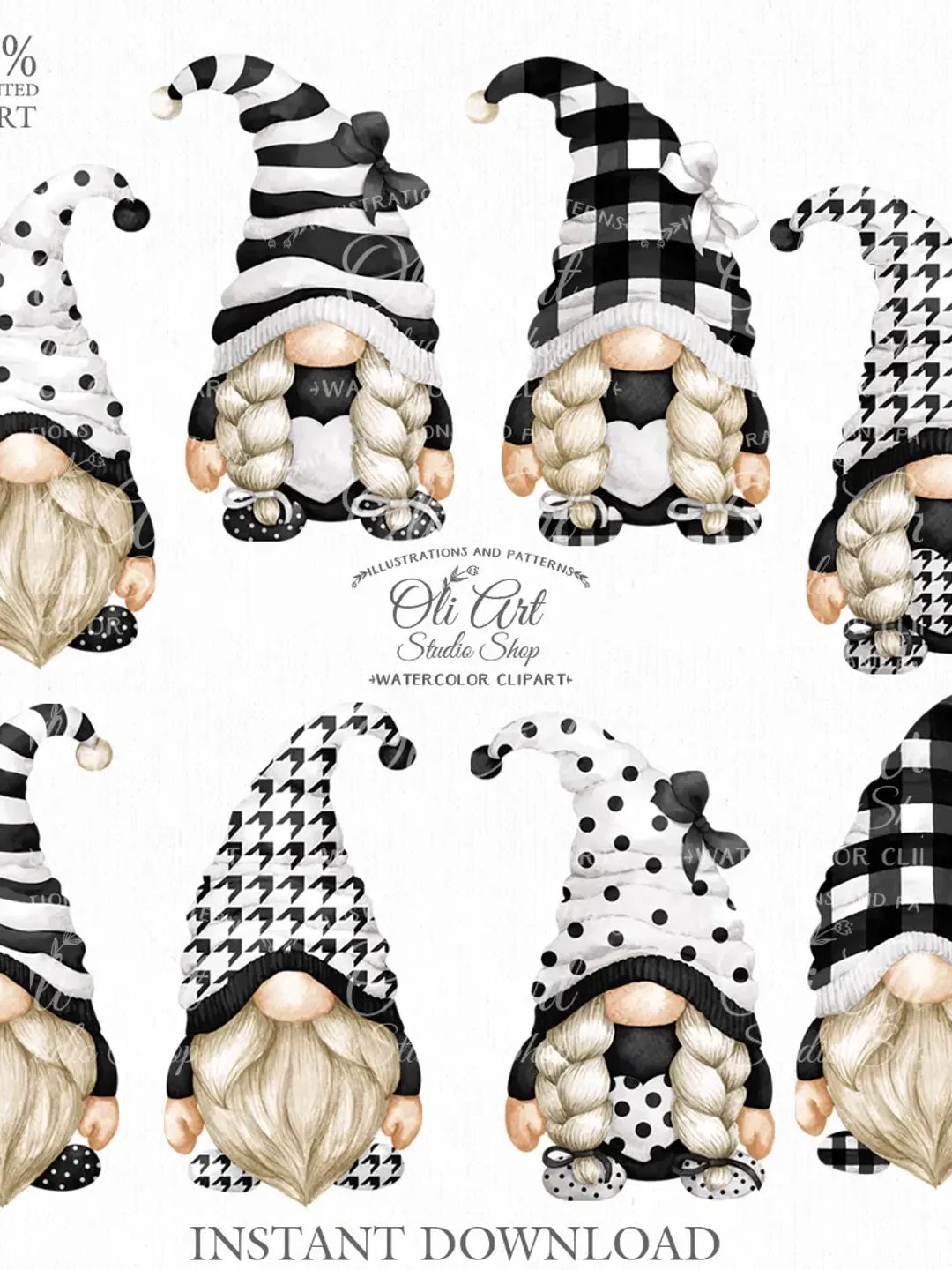 Gnome Clip Art. Cute Characters, Hand Drawn graphics. Digital Download. OliArtStudioShop