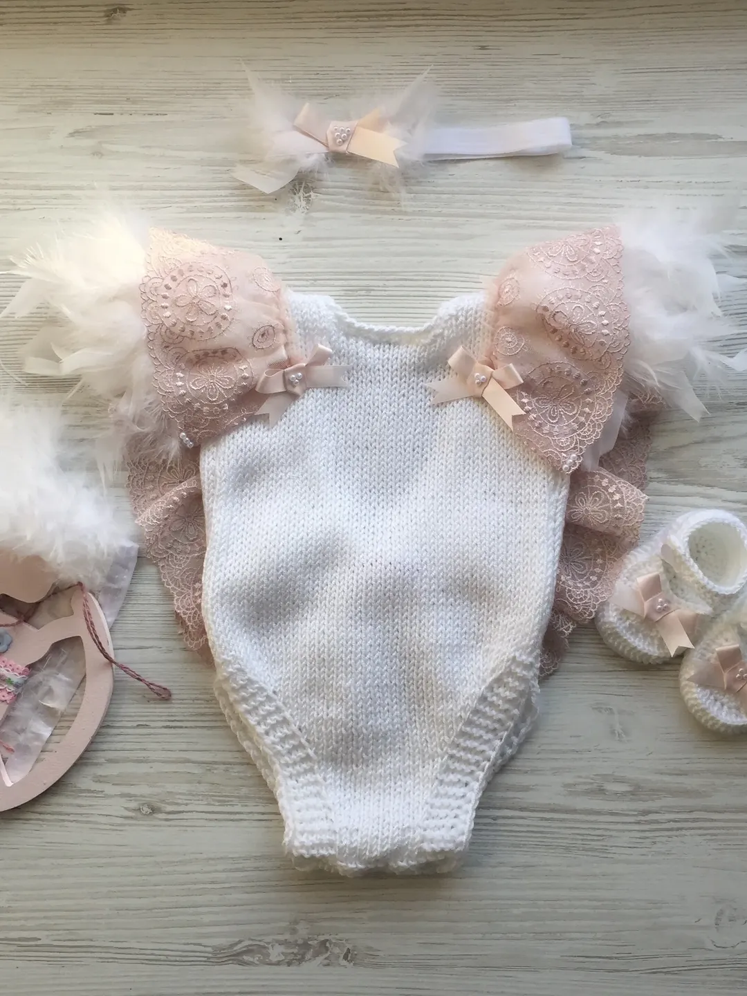 Knit clothing set for baby girl. Baptism gown for girl. Knit romper, headband and booties. First birthday outfit for girl.